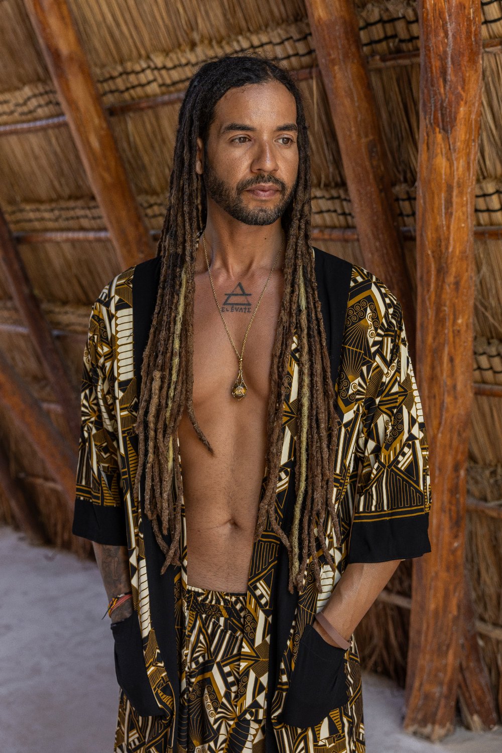 VALO Design Kimono Gold Prism - An impressive and elegant 100% tencel long kimono cardigan, for festivals, beach or lounging at home