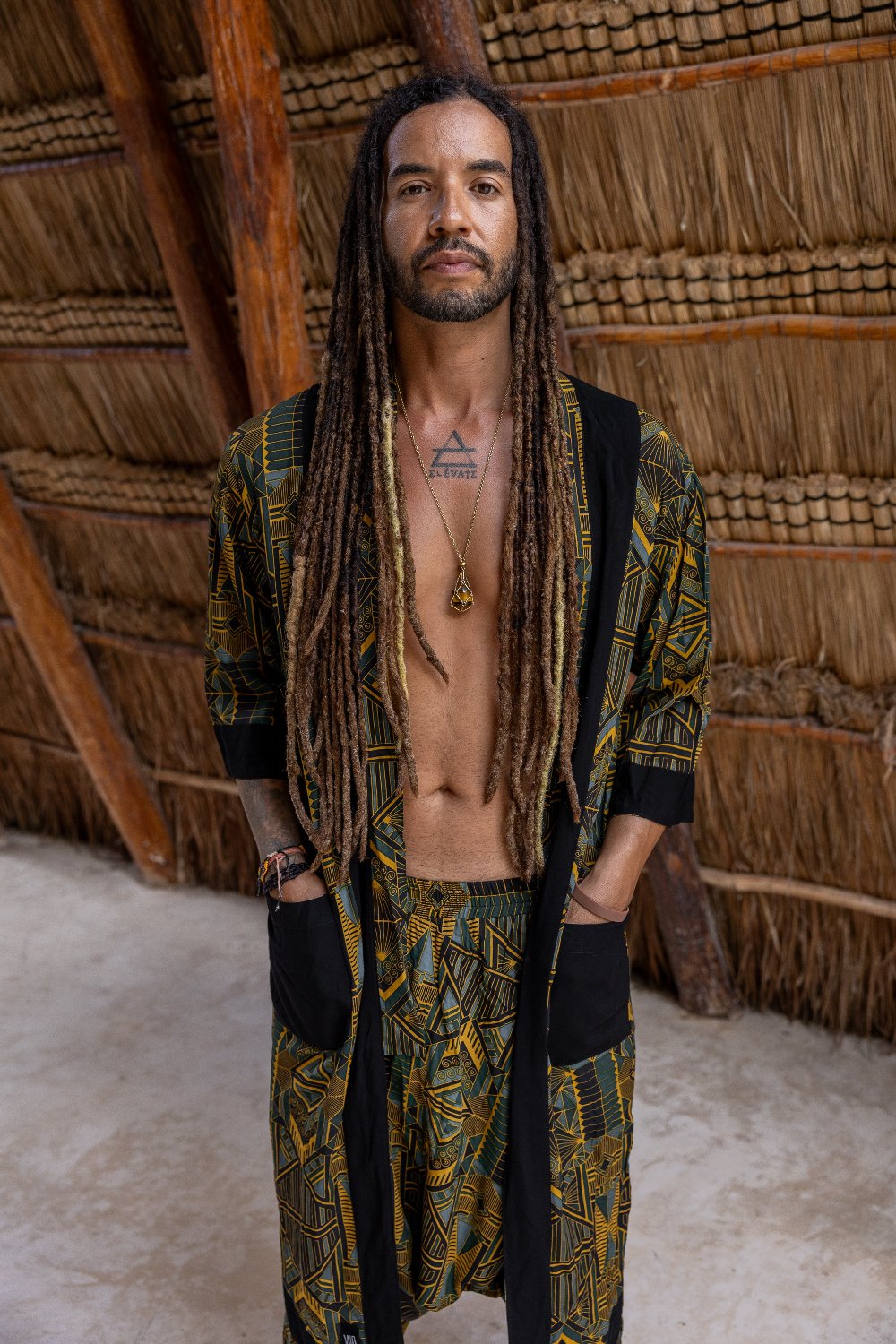 VALO Design Kimono Blue Green Prism - An impressive and elegant 100% tencel long kimono cardigan, for festivals, beach or lounging at home