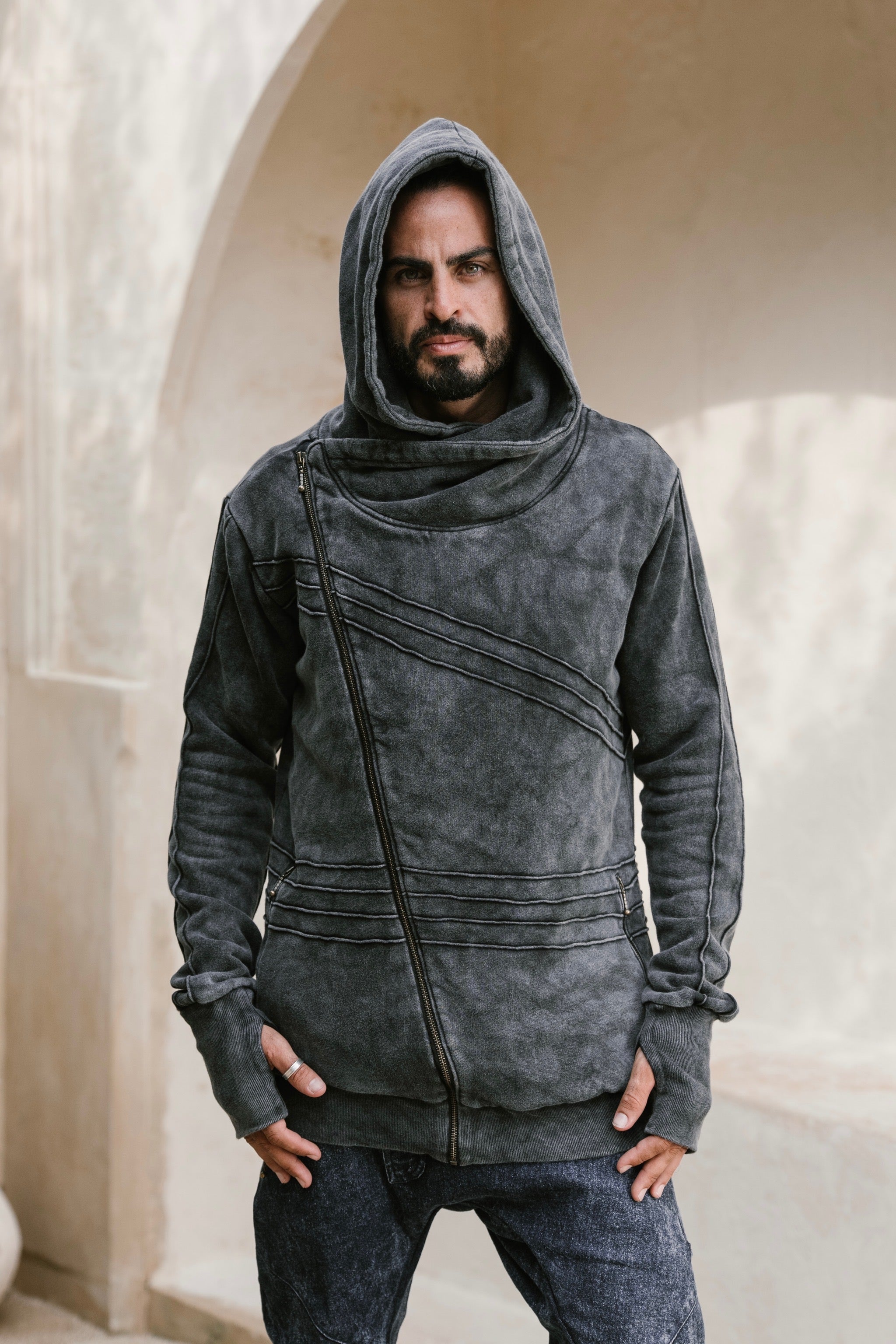TARMO - Asymmetrical Cotton Fleece Zipper Hoodie