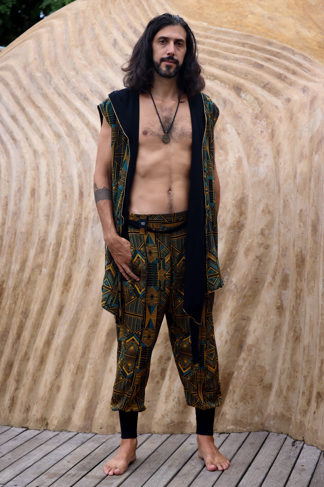 VALO Design Pants QI Prism - High quality drop crotch tencel pants inspired by the 20's ageless style combined with indigenous and sacred symbolism. Extremely comfortable with soft cotton ribbing on the legs.