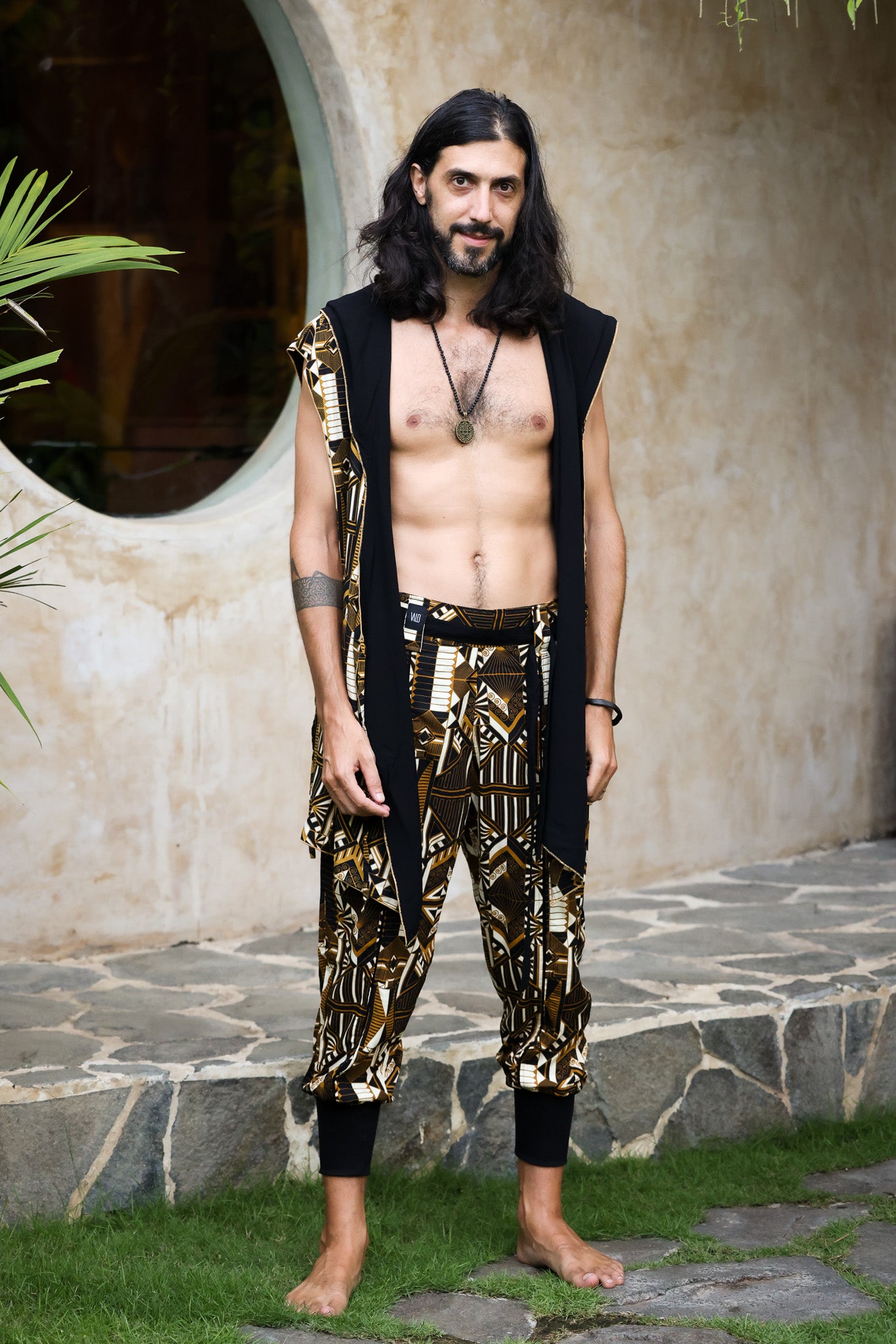 VALO Design Pants QI Prism - High quality drop crotch tencel pants inspired by the 20's ageless style combined with indigenous and sacred symbolism. Extremely comfortable with soft cotton ribbing on the legs.