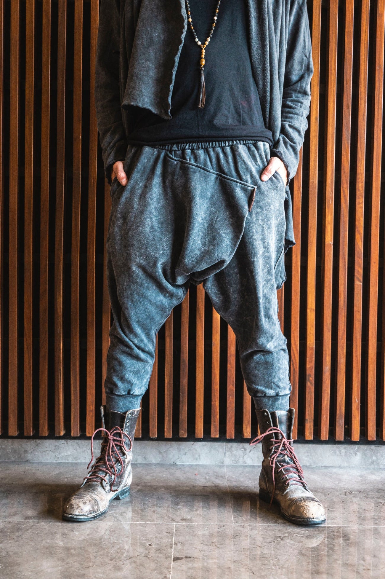 VALO Design Pants URBAN NINJA - Elegant Black Stonewash / Dark Grey harem drop crotch trousers from high quality 100% cotton