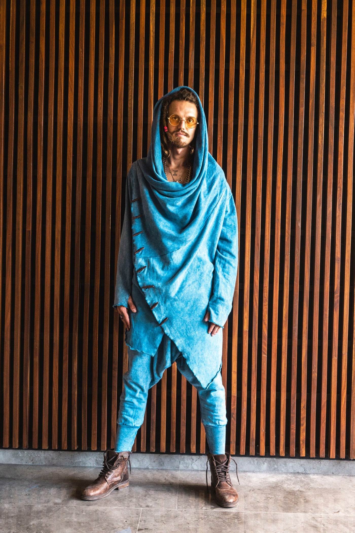 VALO Design Clothing KENOBI BLUE Stonewashed - Jedi style cotton hoodie with wooden buttons