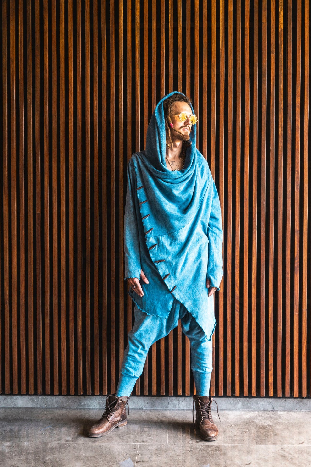 VALO Design Clothing KENOBI BLUE Stonewashed - Jedi style cotton hoodie with wooden buttons