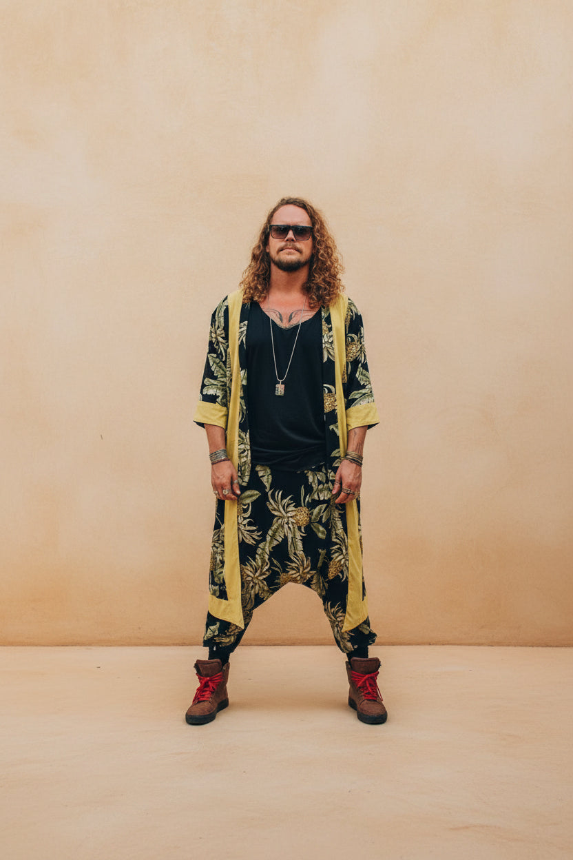 VALO Design Clothing Capes Pineapple Batik w/ yellow details BALI SPIRIT Black Pineapple Batik - elegant & unique nomad cotton kimono