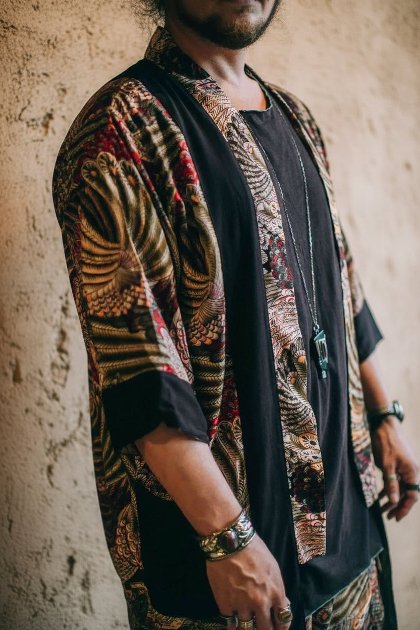 VALO Design Clothing Capes Feather Pattern BALI SPIRIT Feather pattern - Elegant & unique nomadic kimono