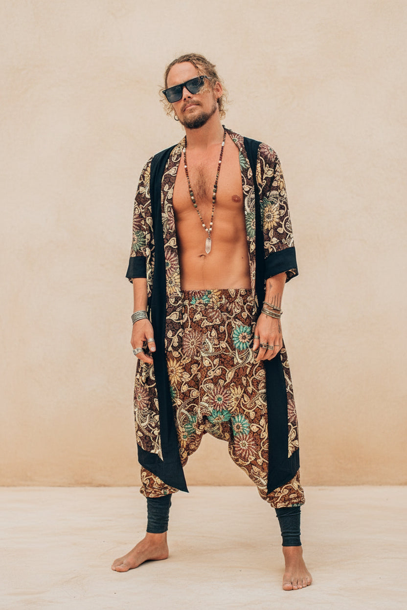 BALI SPIRIT KIMONO - Brown Batik Tropical Print Cotton Cardigan-Kimonos-VALO Design Clothing