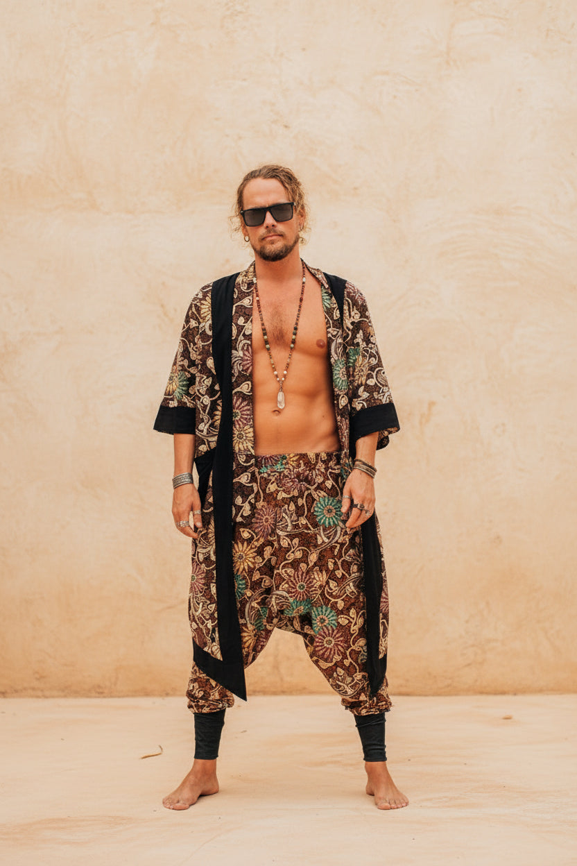 BALI SPIRIT KIMONO - Brown Batik Tropical Print Cotton Cardigan-Kimonos-VALO Design Clothing