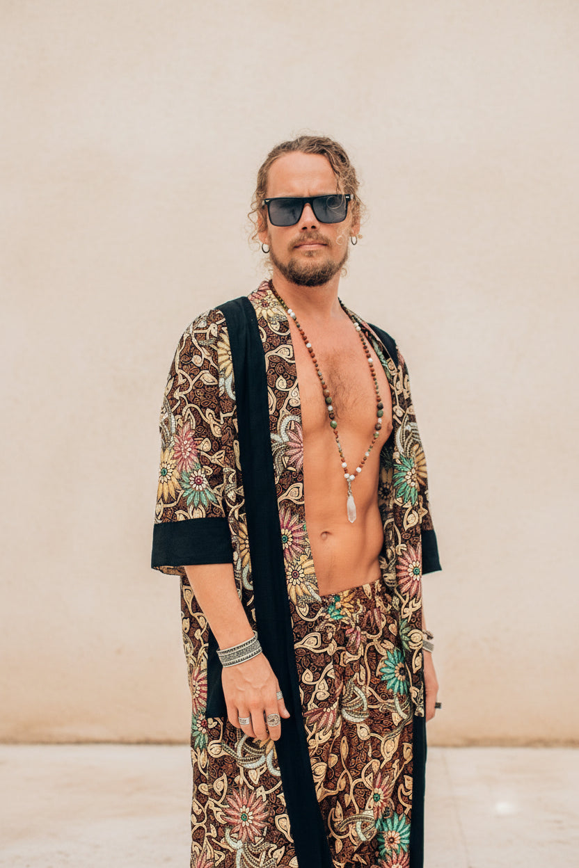 BALI SPIRIT KIMONO - Brown Batik Tropical Print Cotton Cardigan-Kimonos-VALO Design Clothing
