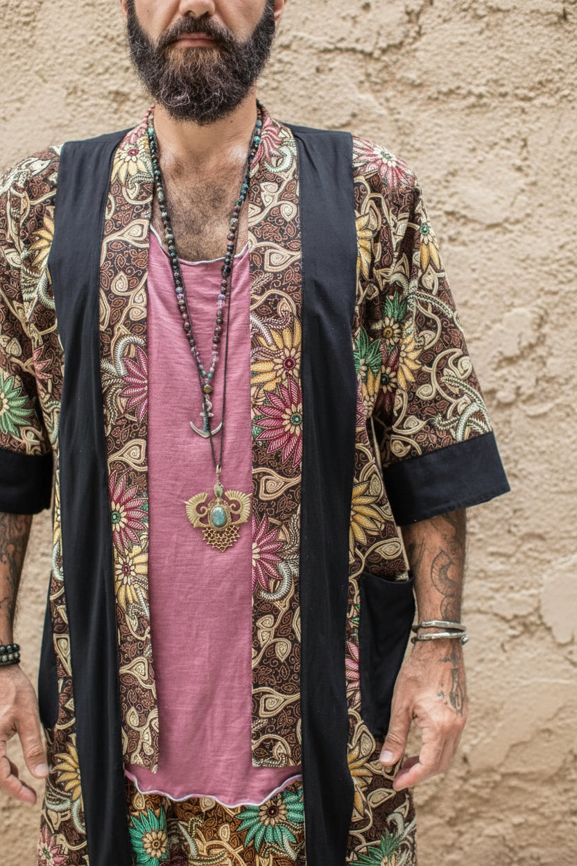 BALI SPIRIT KIMONO - Brown Batik Tropical Print Cotton Cardigan-Kimonos-VALO Design Clothing