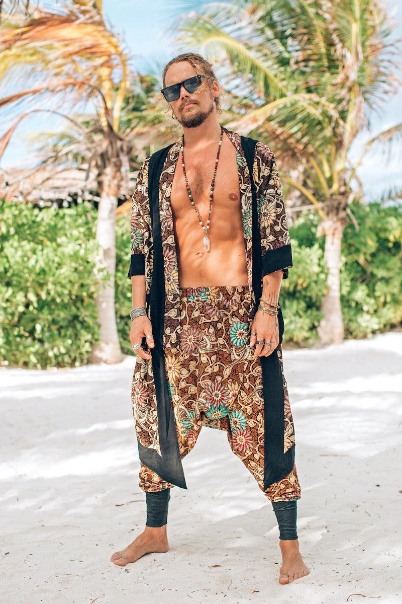 VALO Design Pants NINJA Brown Batik – Elegant and unique boho-style harem drop-crotch pants with a slim-leg cut