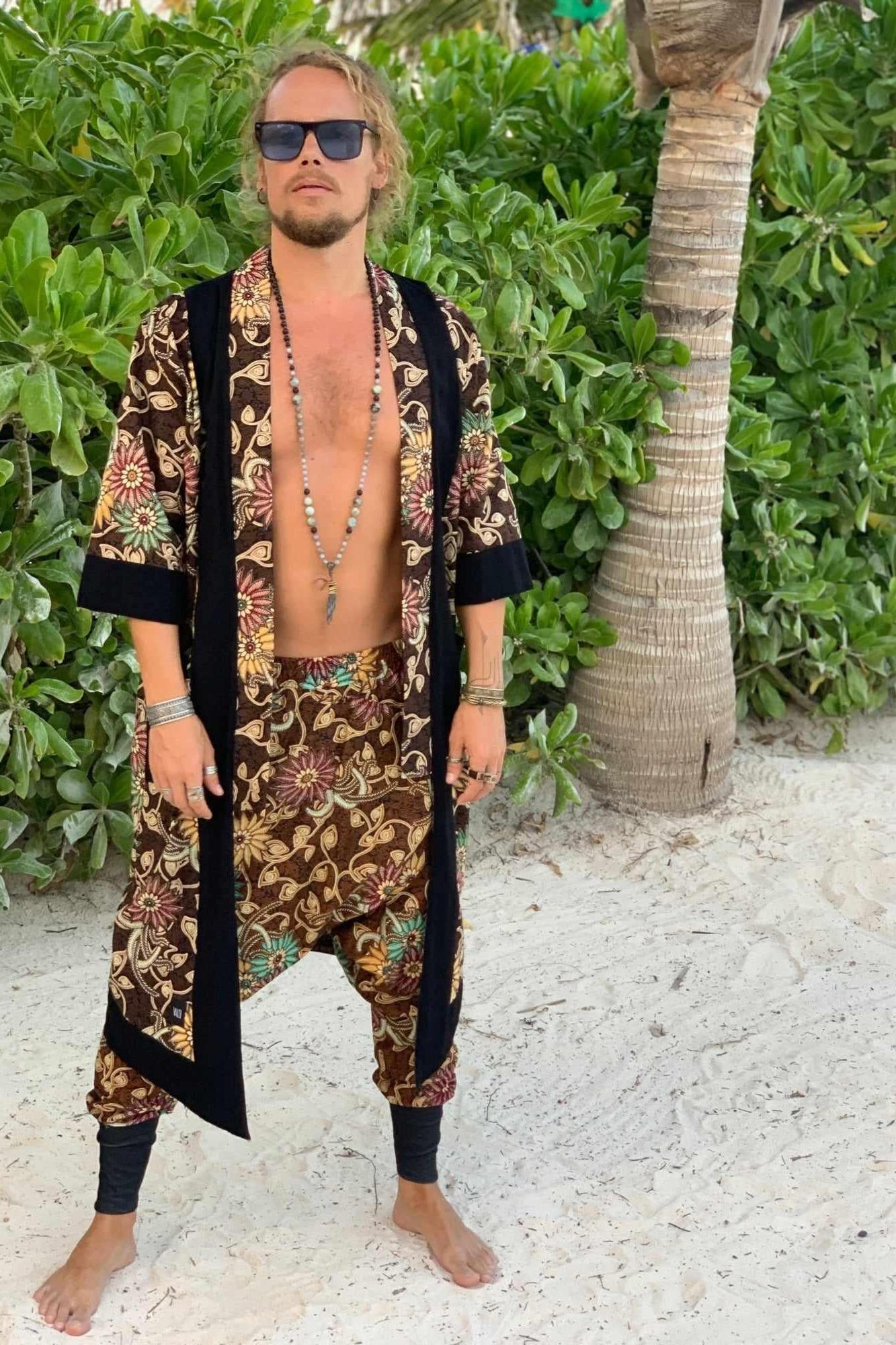 VALO Design Pants NINJA Brown Batik – Elegant and unique boho-style harem drop-crotch pants with a slim-leg cut