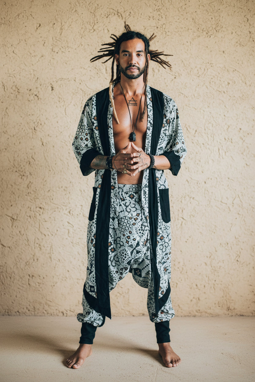 VALO Design Clothing Capes Cream White w/ brown batik details BALI SPIRIT White Batik - elegant & unique cotton kimono cardigan