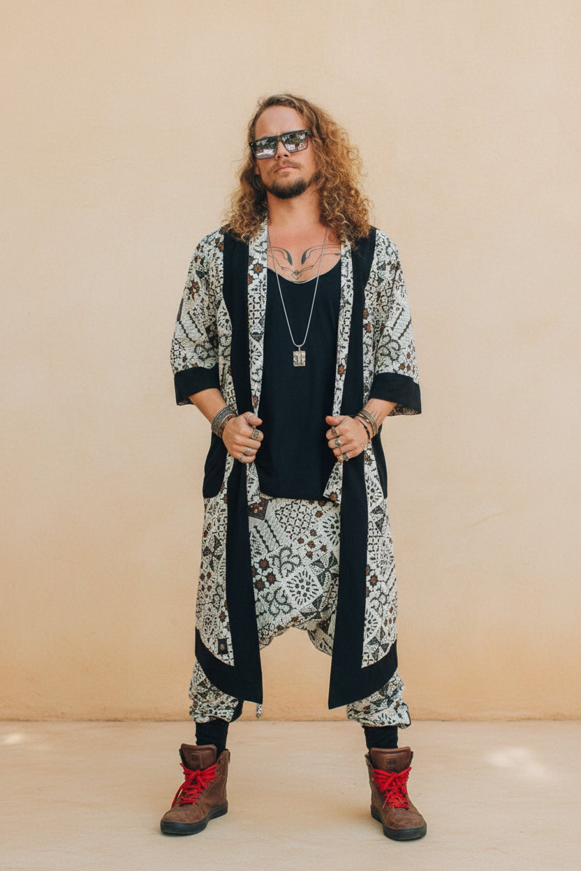 VALO Design Clothing Capes Cream White w/ brown batik details BALI SPIRIT White Batik - elegant & unique cotton kimono cardigan