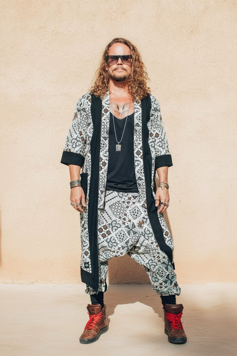 VALO Design Clothing Capes Cream White w/ brown batik details BALI SPIRIT White Batik - elegant & unique cotton kimono cardigan