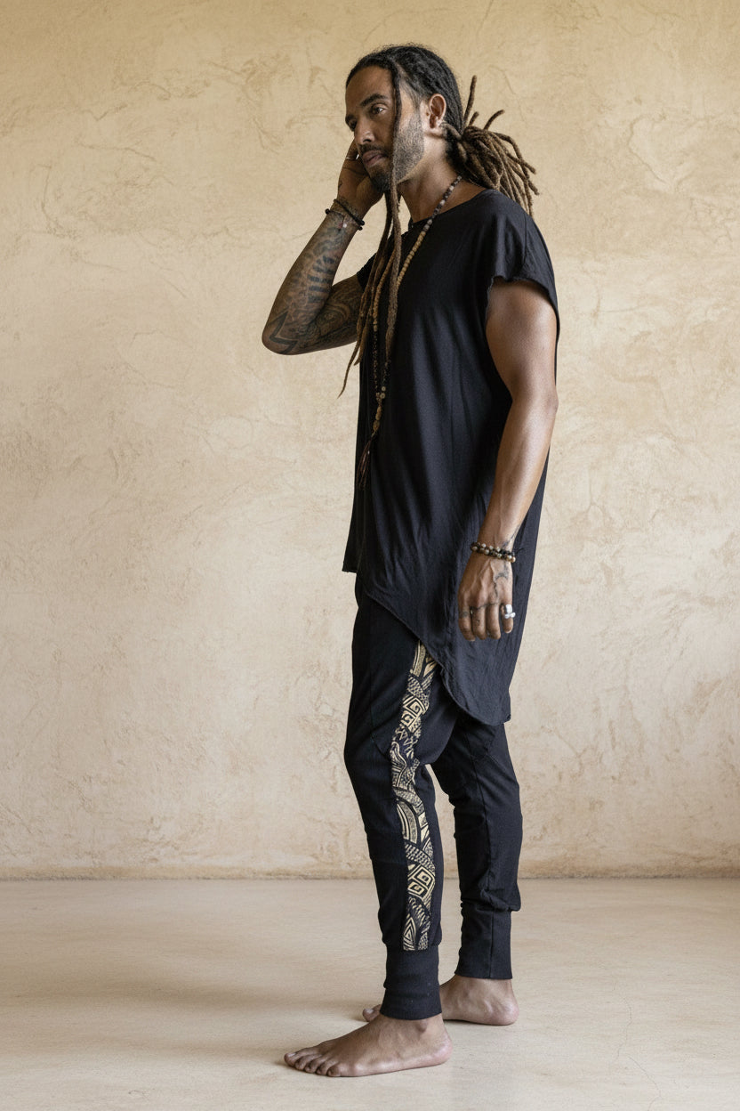 CAPO Pants - Bamboo stretch drop crotch joggers with tribal details - VALO Design Clothing