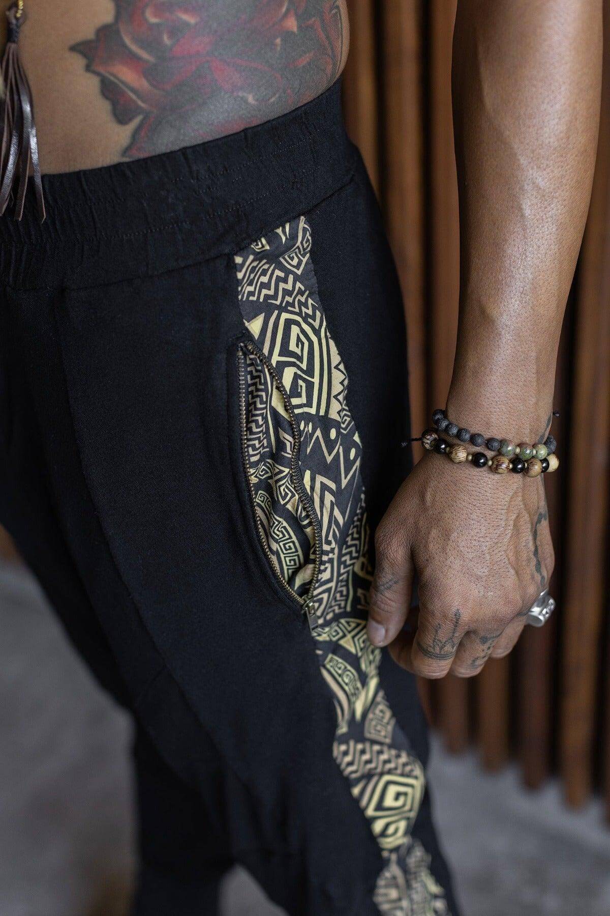 CAPO Pants - Bamboo stretch drop crotch joggers with tribal details - VALO Design Clothing 