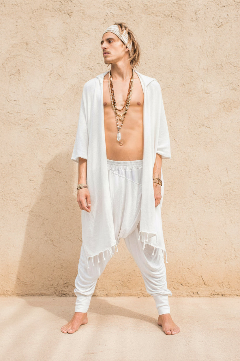 VALO Design Capes GERONIMO – A hooded cotton kimono cardigan poncho with wide armholes and a spacious back, designed to fit all sizes. Features a large hood and a long, cape-like silhouette