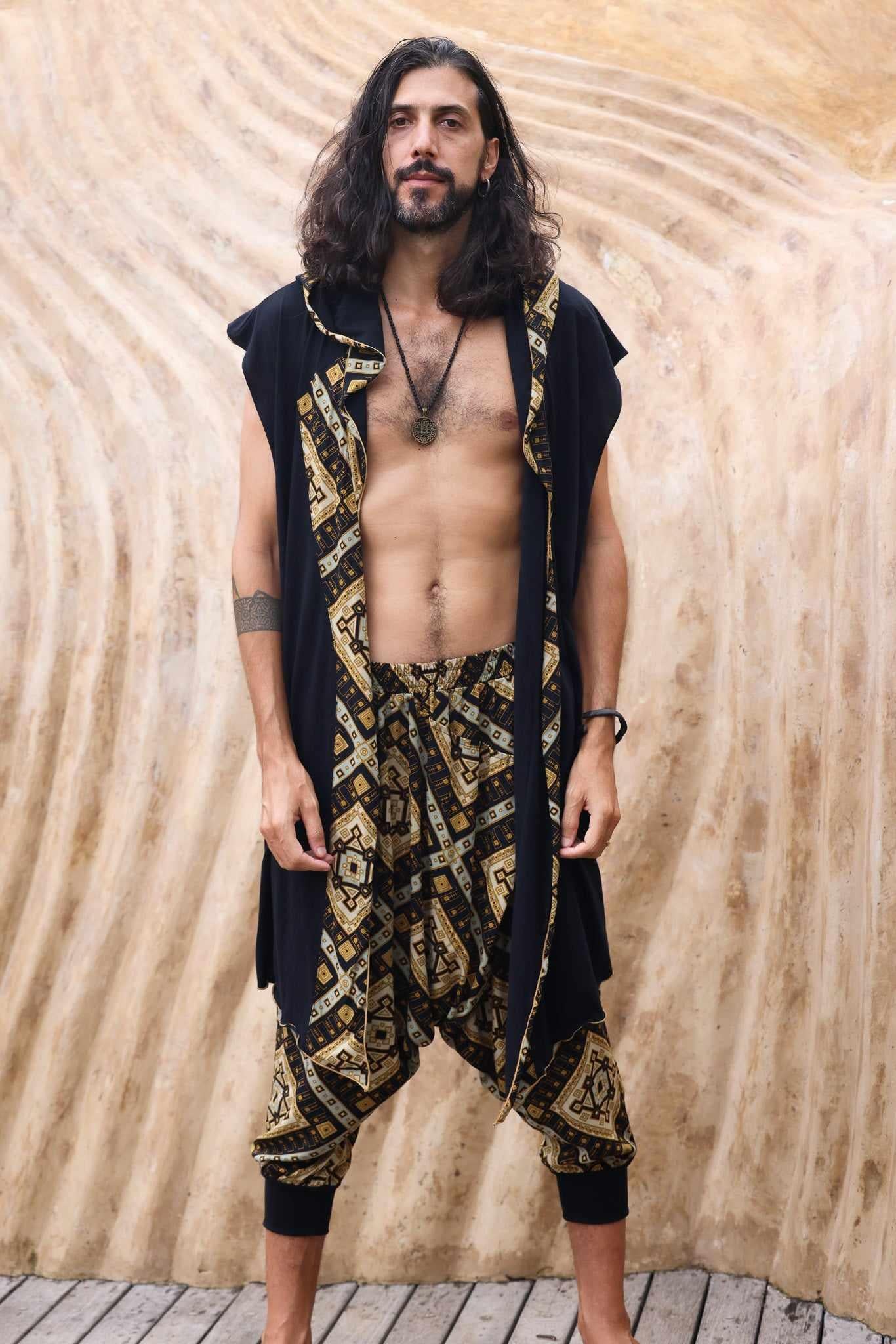 HANZO Chakana Kimono - Sleeveless Japanese style light hooded Kimono cape vest with unique geometric print art