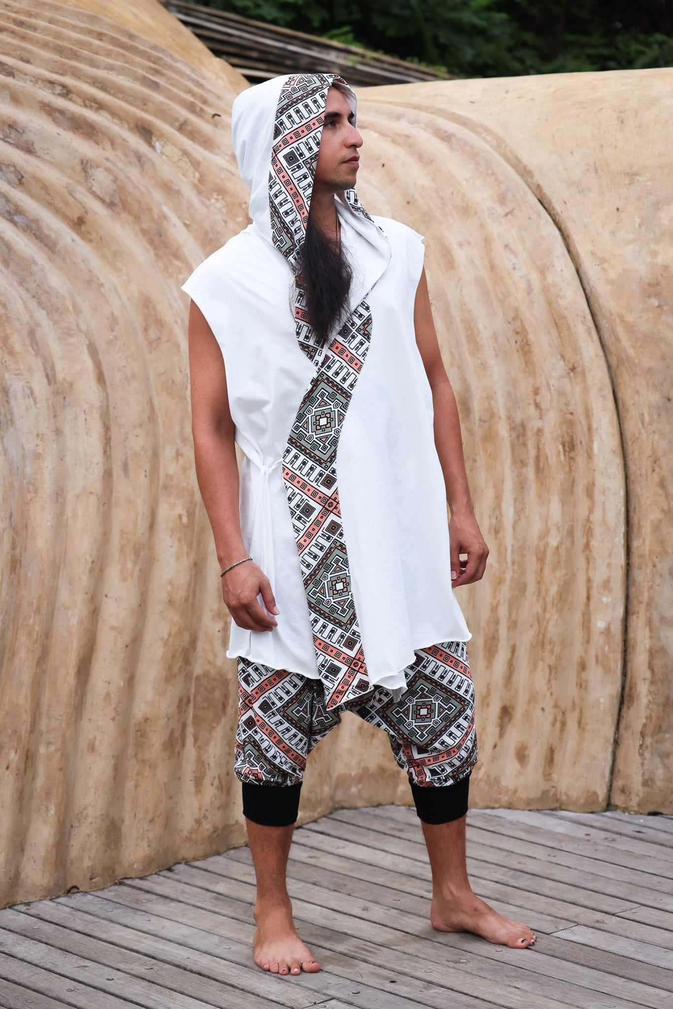 HANZO Chakana Kimono - Sleeveless Japanese style light hooded Kimono cape vest with unique geometric print art