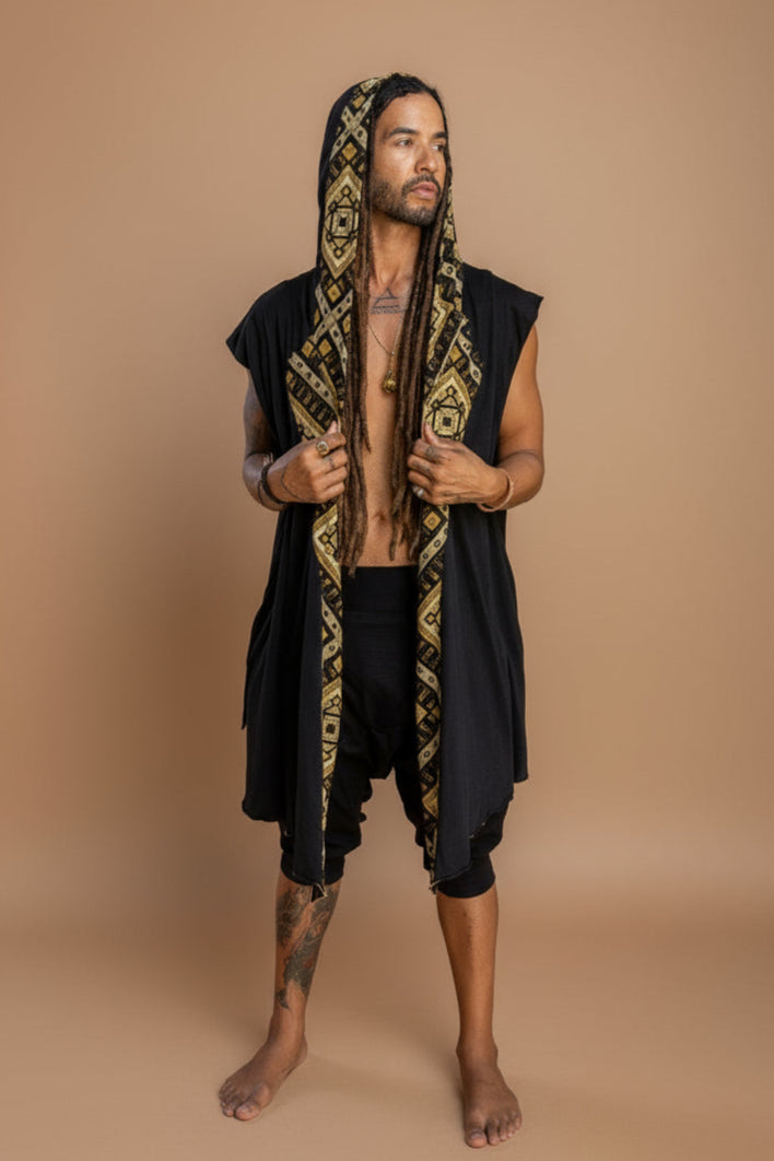 HANZO Chakana Kimono - Sleeveless Japanese style light hooded Kimono cape vest with unique geometric print art