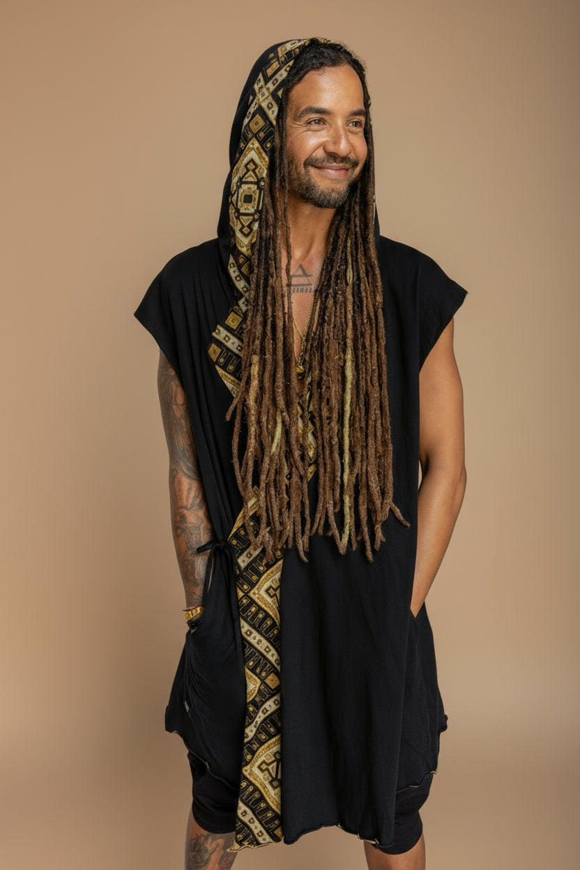 HANZO Chakana Kimono - Sleeveless Japanese style light hooded Kimono cape vest with unique geometric print art