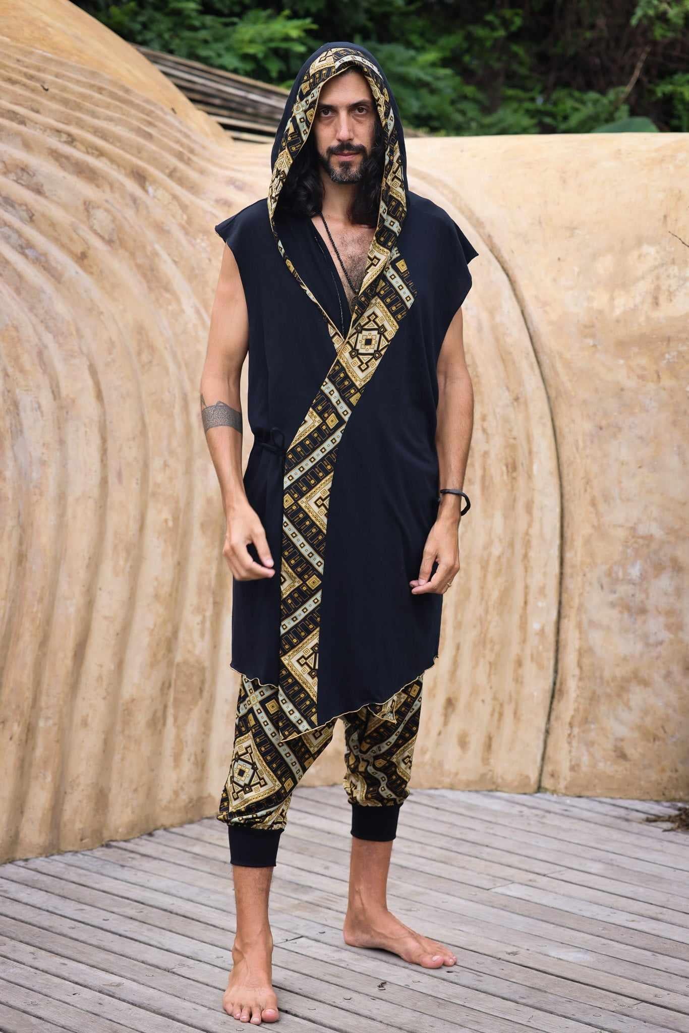 HANZO Chakana Kimono - Sleeveless Japanese style light hooded Kimono cape vest with unique geometric print art