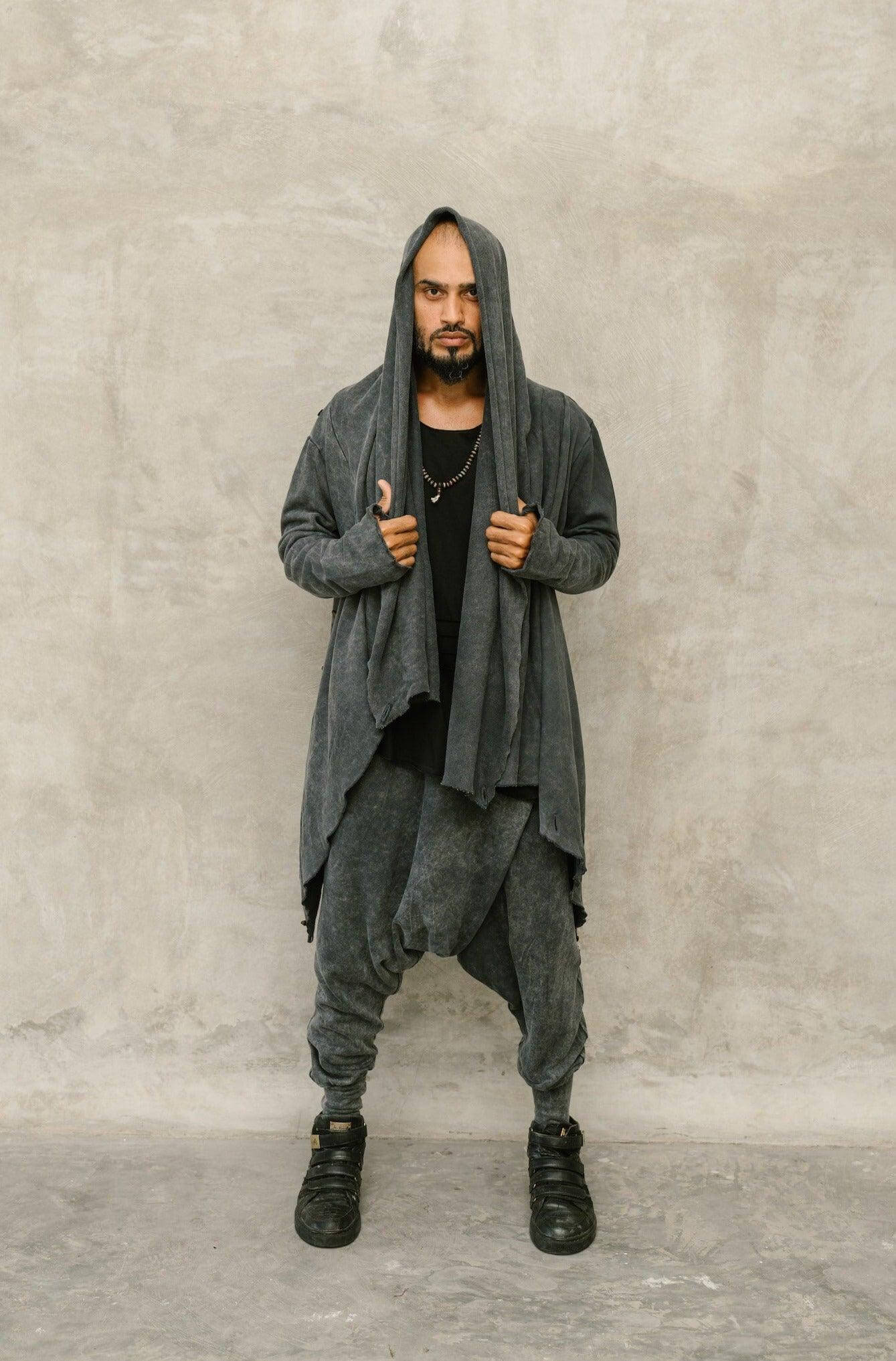 KENOBI BLACK Stonewash / Dark Grey - Jedi style cotton hoodie with wooden buttons - VALO Design Clothing 