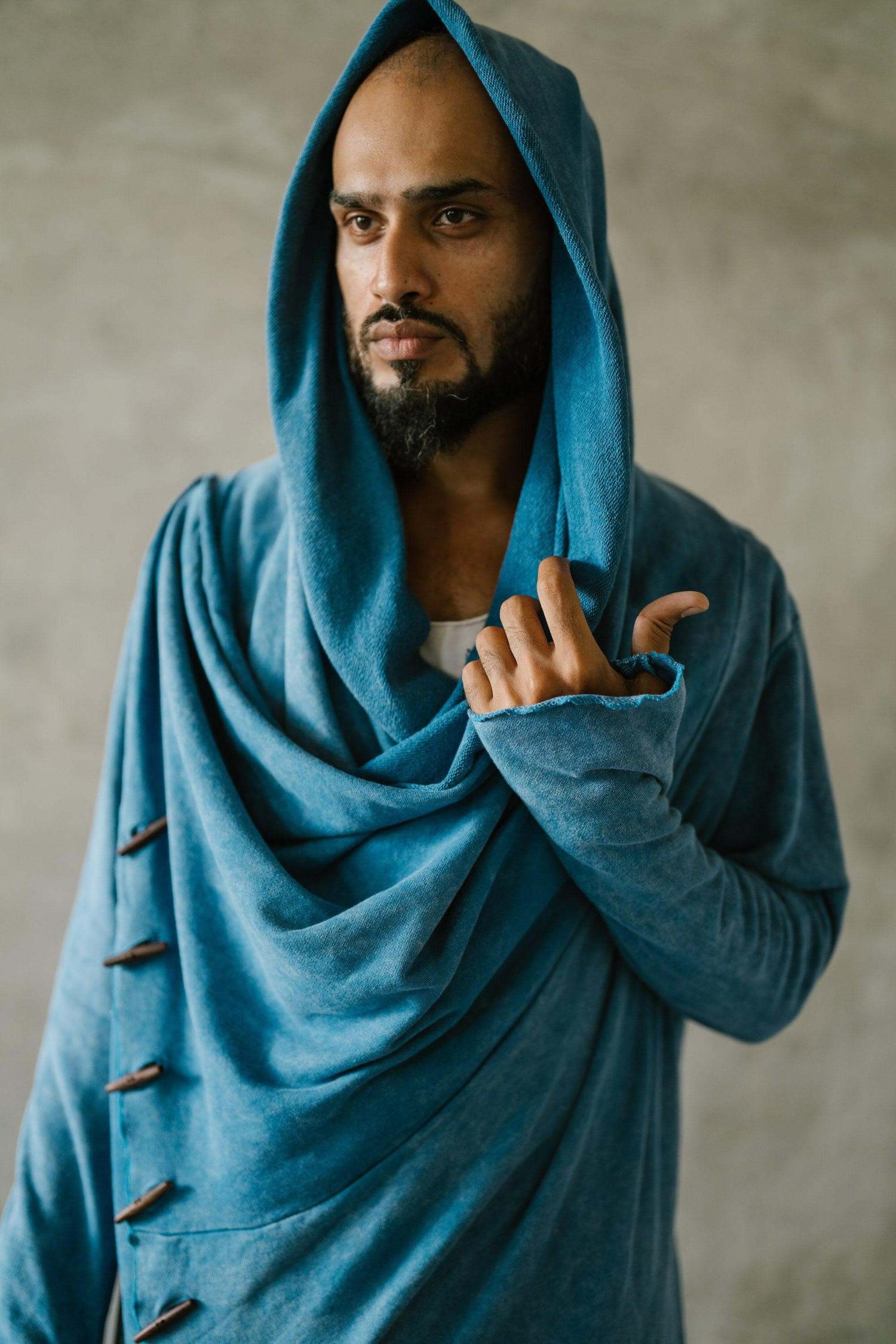 VALO Design Clothing KENOBI BLUE Stonewashed - Jedi style cotton hoodie with wooden buttons