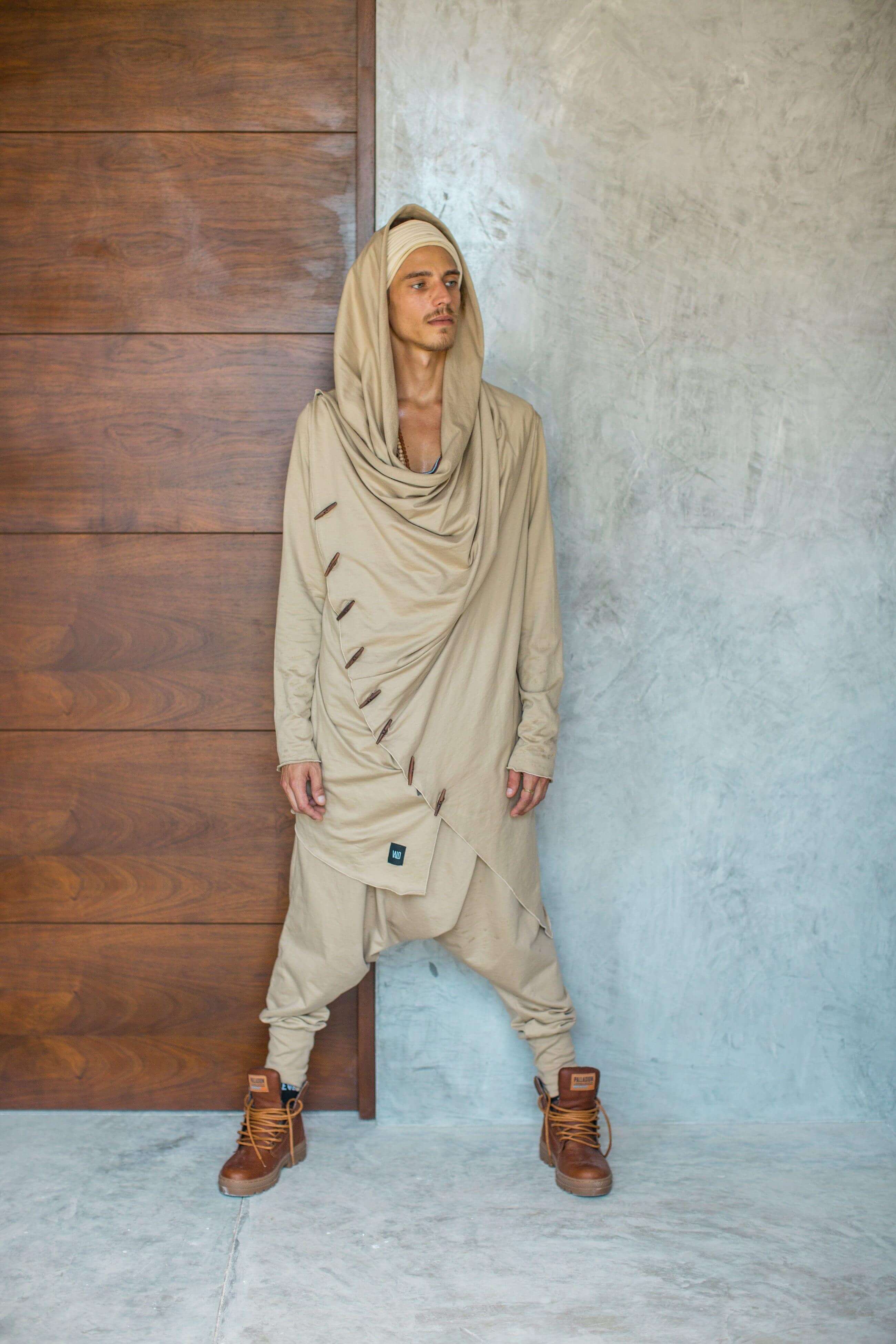 VALO Design Clothing Hoodies KENOBI Desert Khaki - Jedi style cotton hoodie with wooden buttons