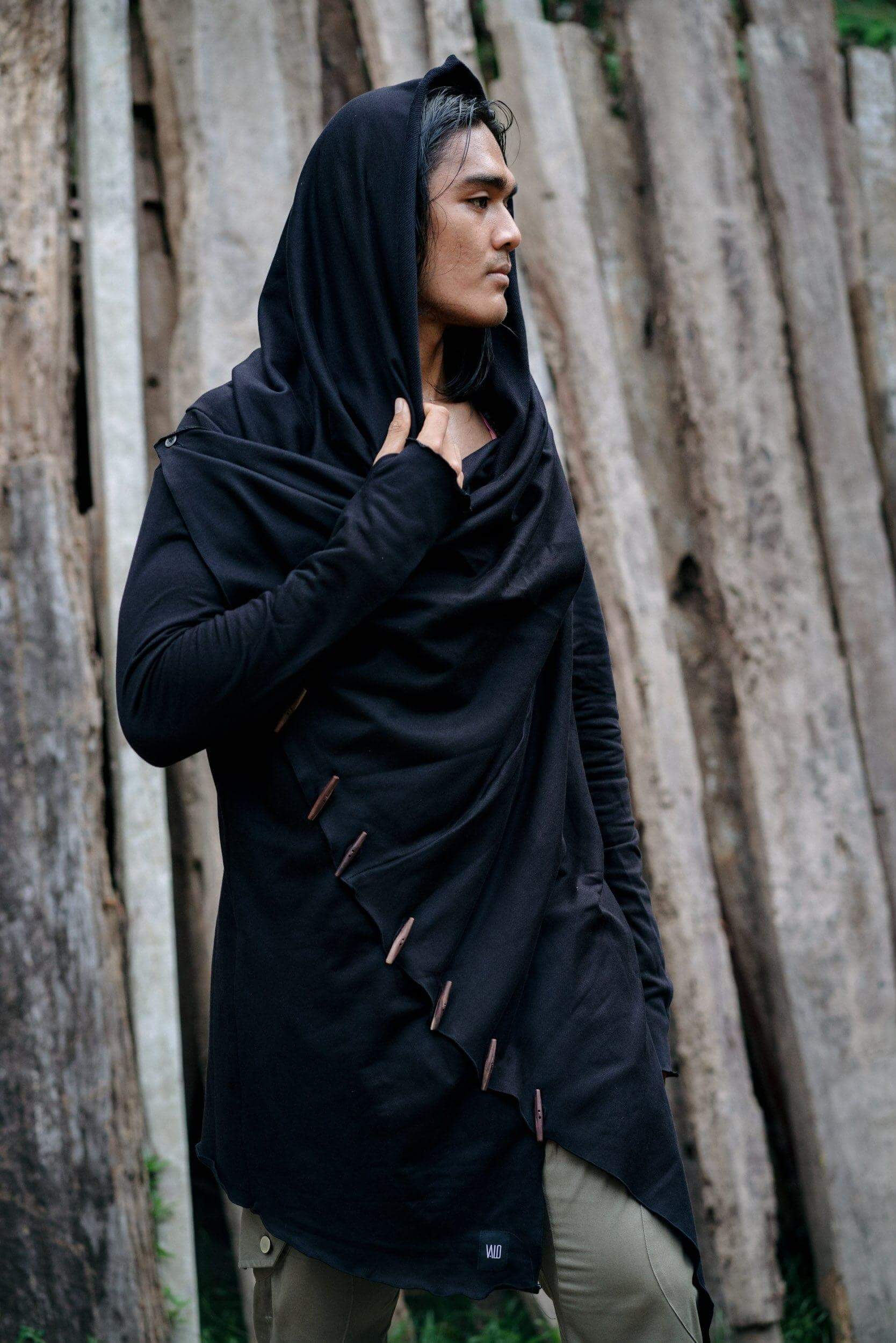 VALO Design Hoodies KENOBI Obsidian Black - Jedi style cotton denim hoodie with wooden buttons