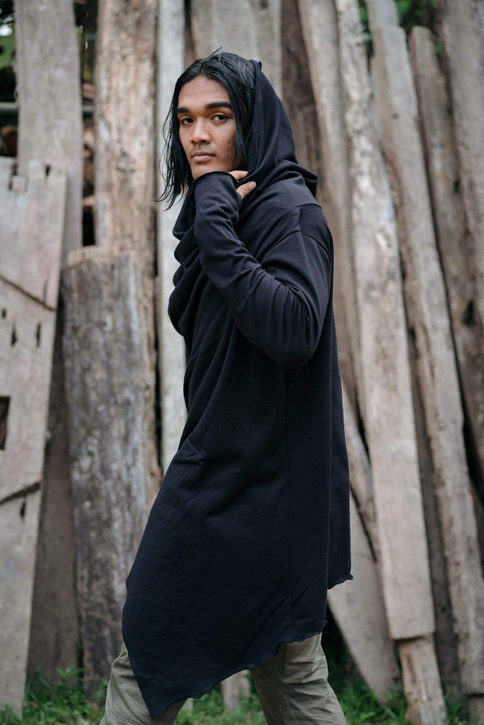 VALOdesigns Hoodies KENOBI Obsidian Black - Jedi style cotton denim hoodie with wooden buttons