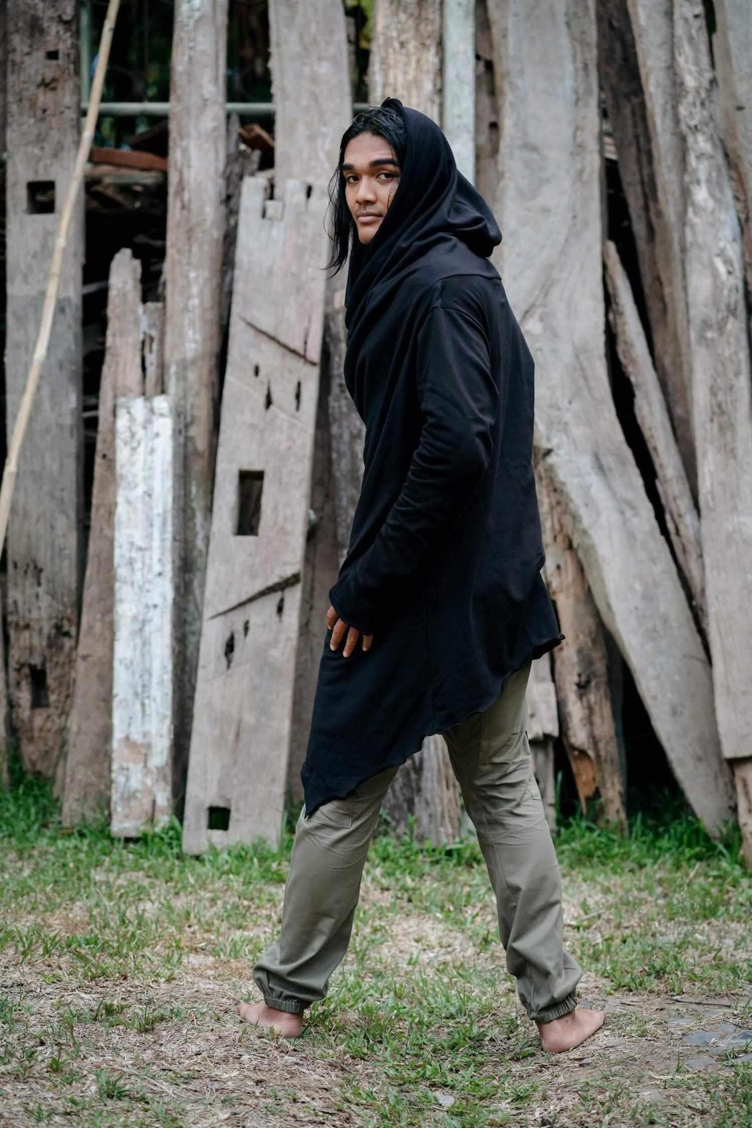 VALO Design Hoodies KENOBI Obsidian Black - Jedi style cotton denim hoodie with wooden buttons