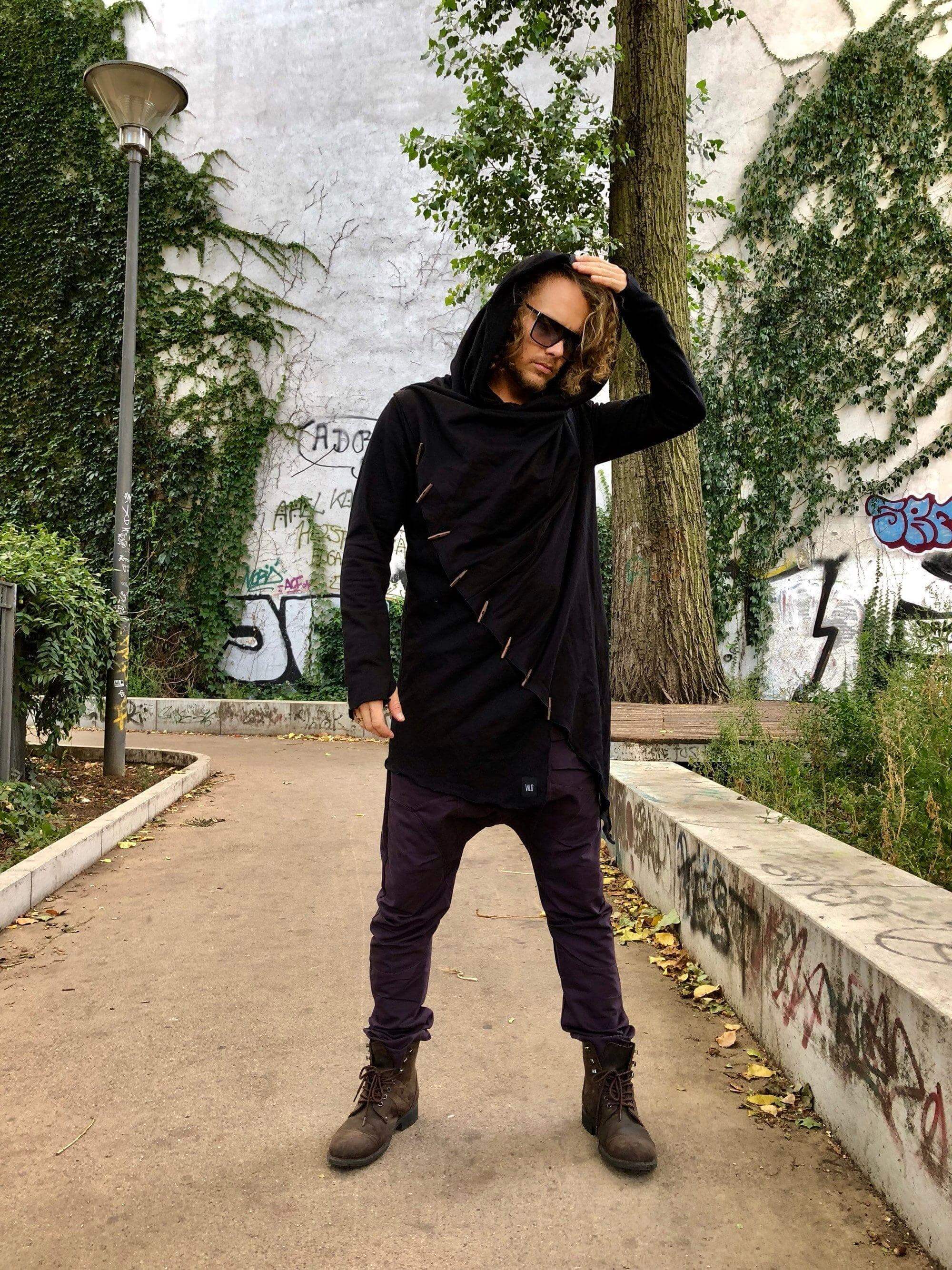 VALO Design Hoodies KENOBI Obsidian Black - Jedi style cotton denim hoodie with wooden buttons