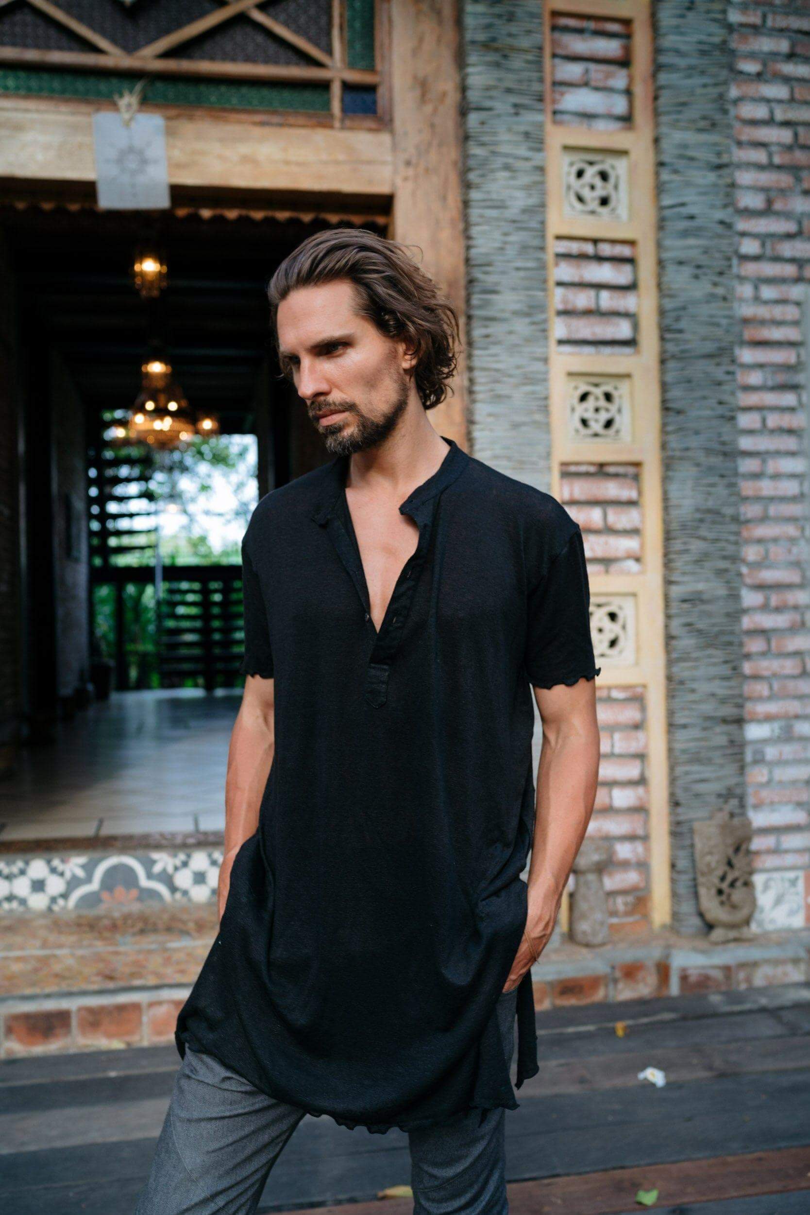 VALO Design Clothing KURTAN - Bamboo oversize tee with top button up and asymmetric side cuts