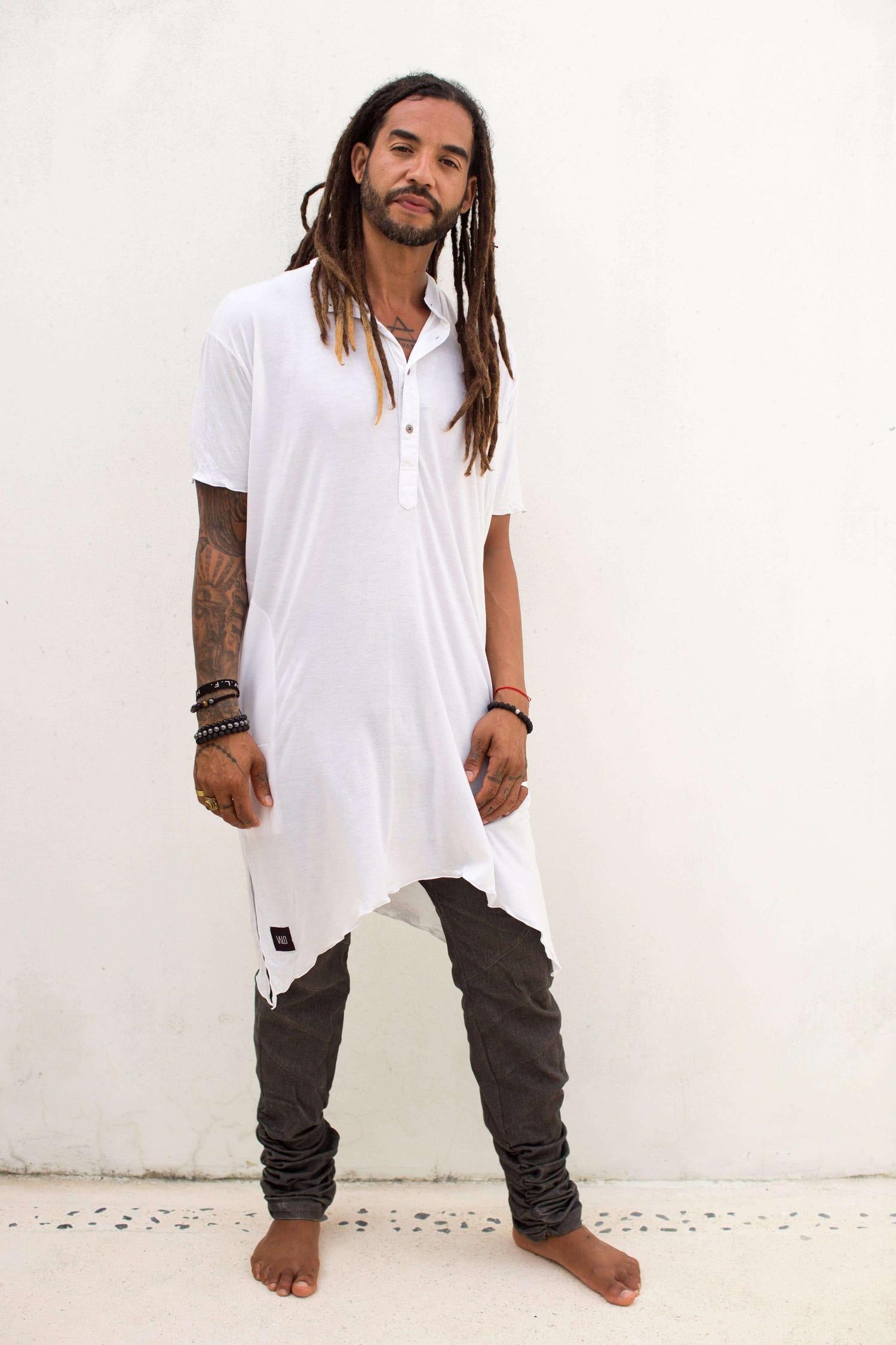 VALO Design Clothing KURTAN - Bamboo oversize tee with top button up and asymmetric side cuts