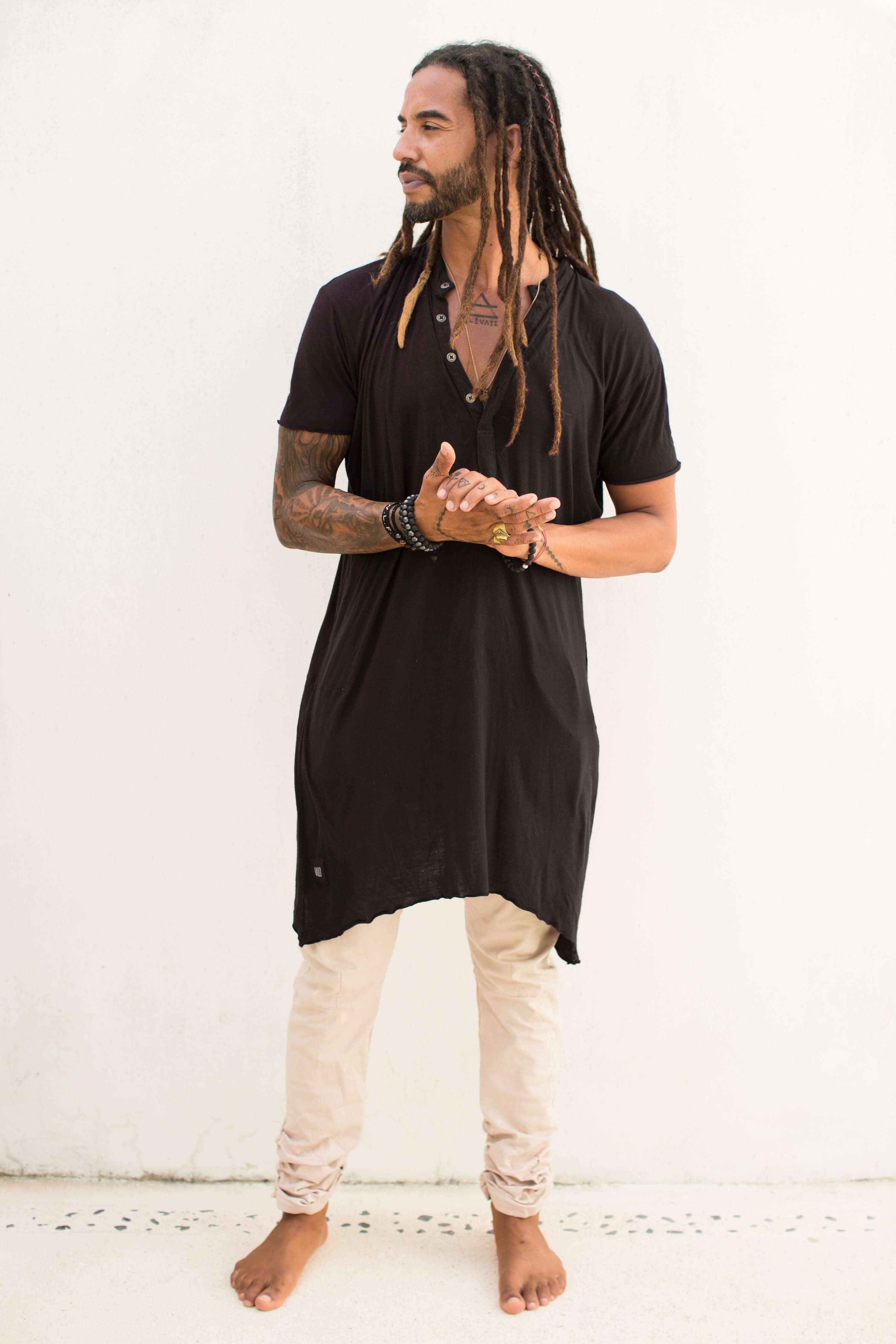 VALO Design Clothing KURTAN - Bamboo oversize tee with top button up and asymmetric side cuts