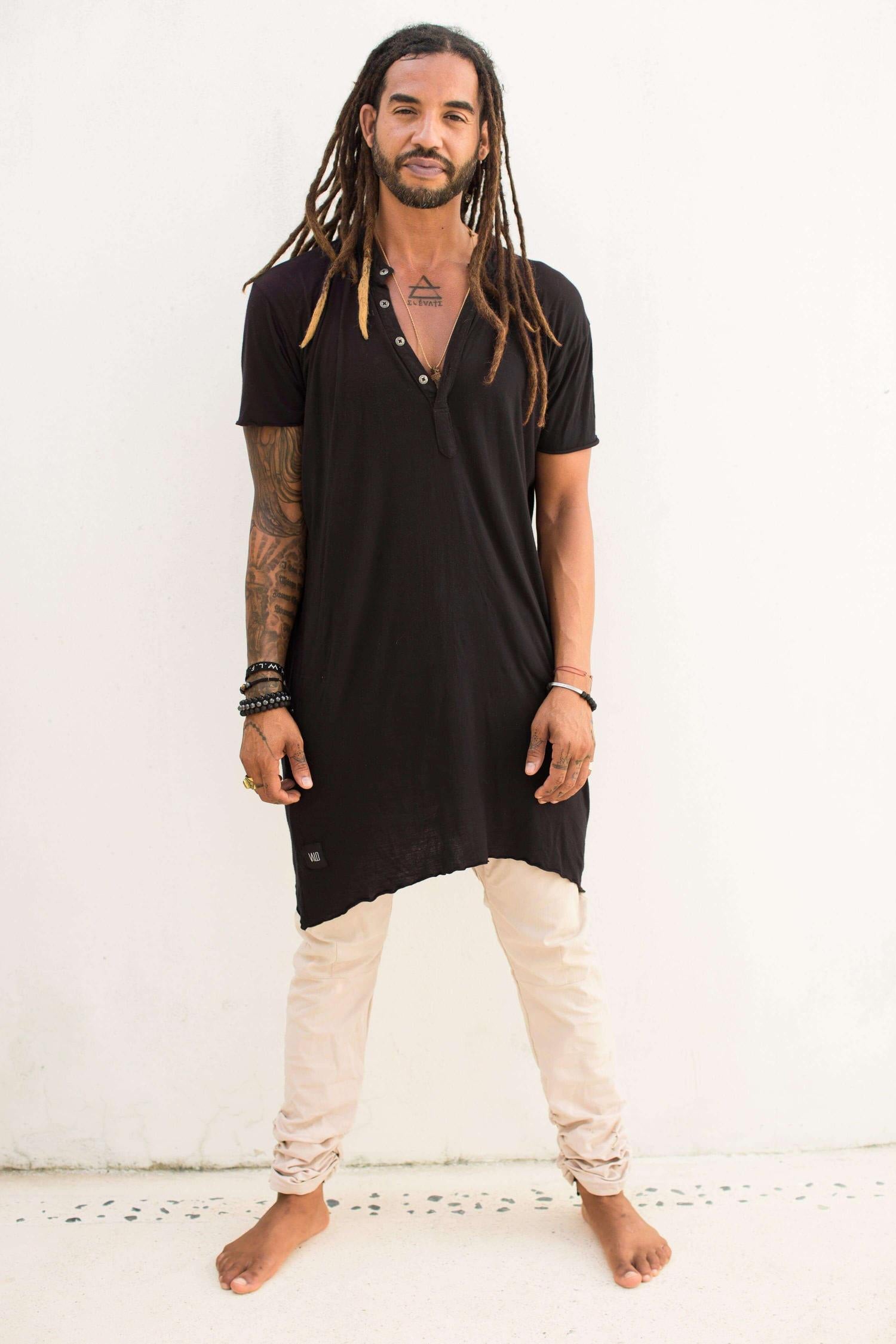VALO Design Clothing KURTAN - Bamboo oversize tee with top button up and asymmetric side cuts