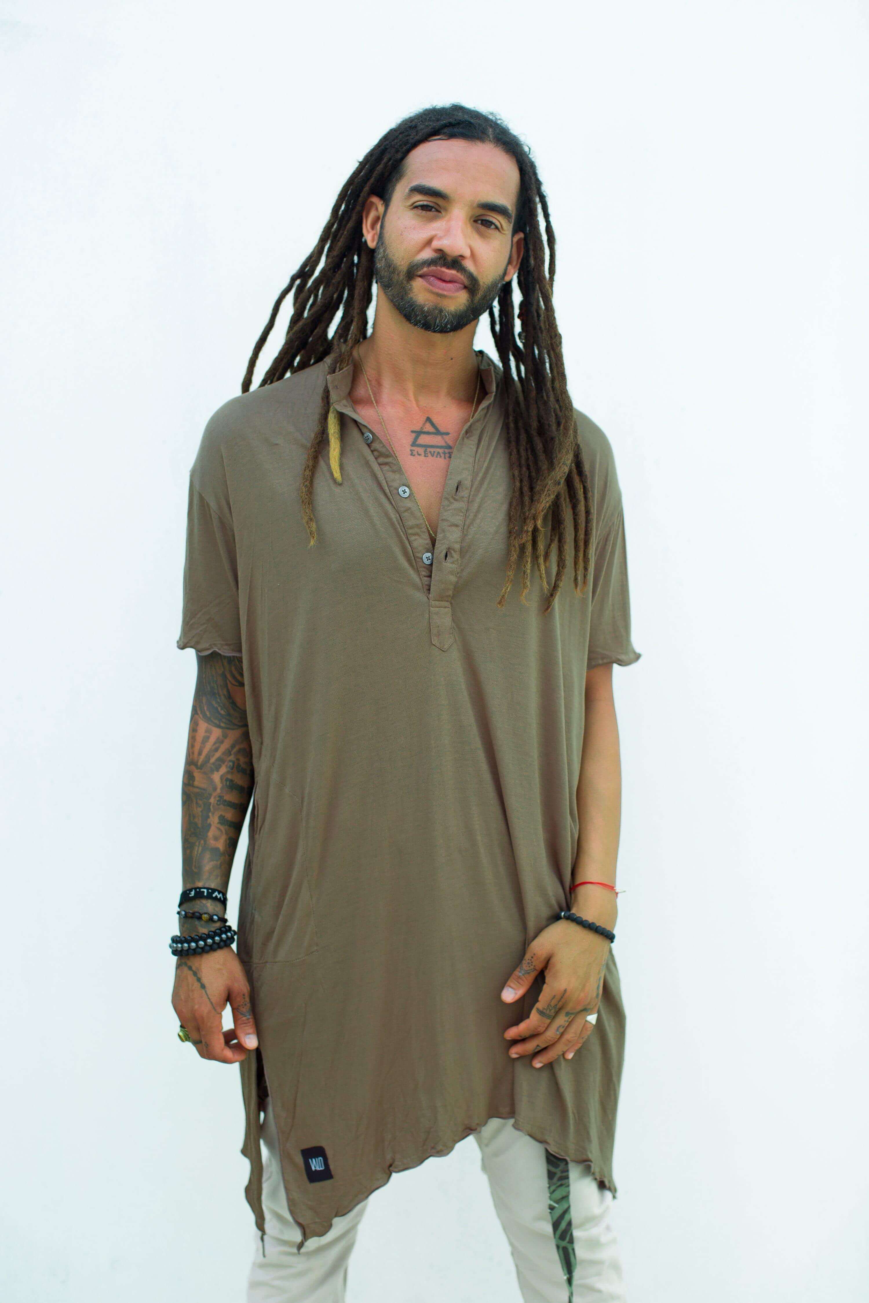 VALO Design Clothing One Size / Khaki Green Brown KURTAN - Bamboo oversize tee with top button up and asymmetric side cuts
