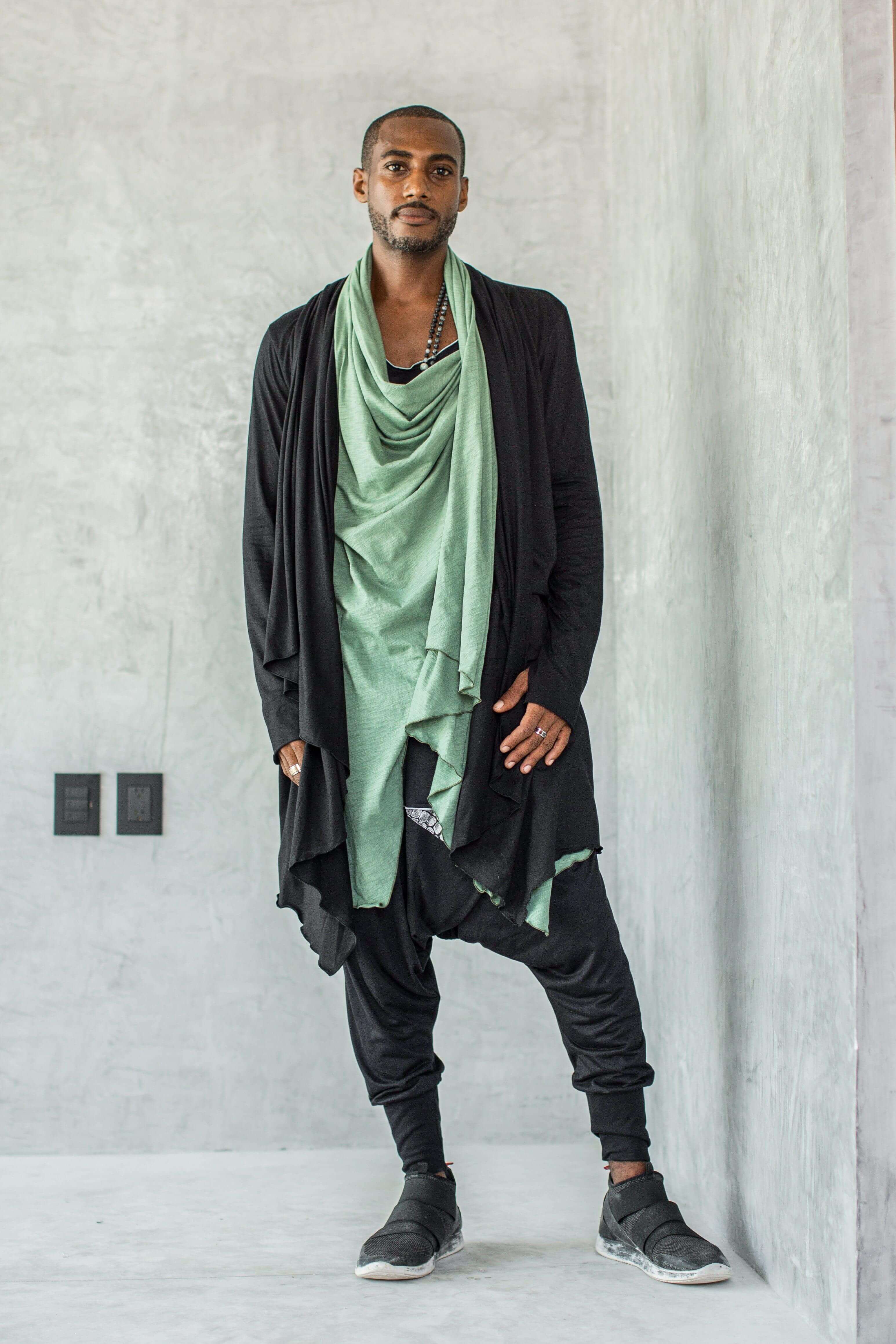 VALO Design Capes NEW MOON - Long-sleeve, double-layered, multi-use hooded cardigan made with high-quality, natural materials. Versatile design perfect for layering or as a statement piece.