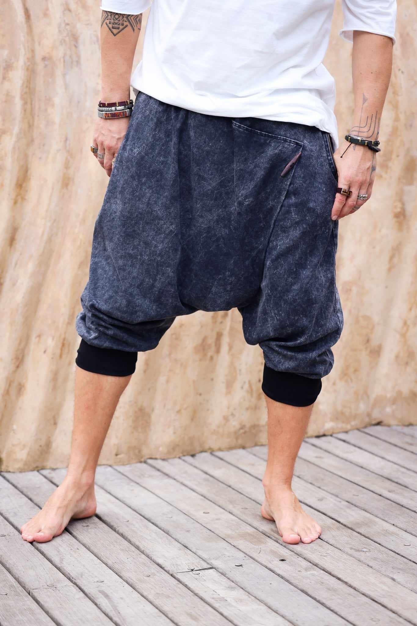 VALO Design Capris NINJA Capris – Ninja-style drop-crotch harem shorts crafted from soft, high-quality 100% cotton twill. The stonewash gives a denim-like look with a softer, more breathable feel.