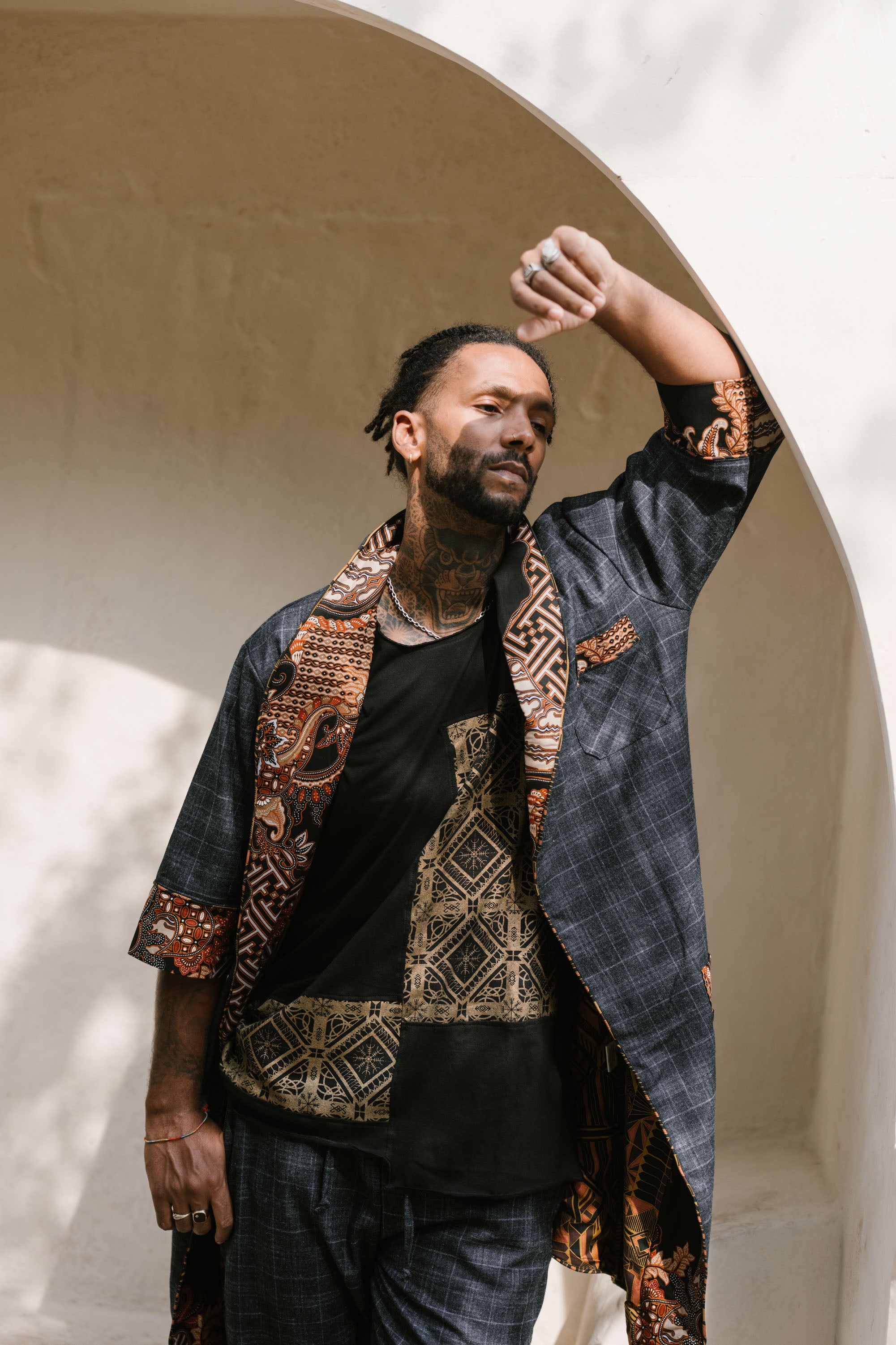 POMO Jacket Blue - Wool Cotton Oriental Chic Kimono Jacket