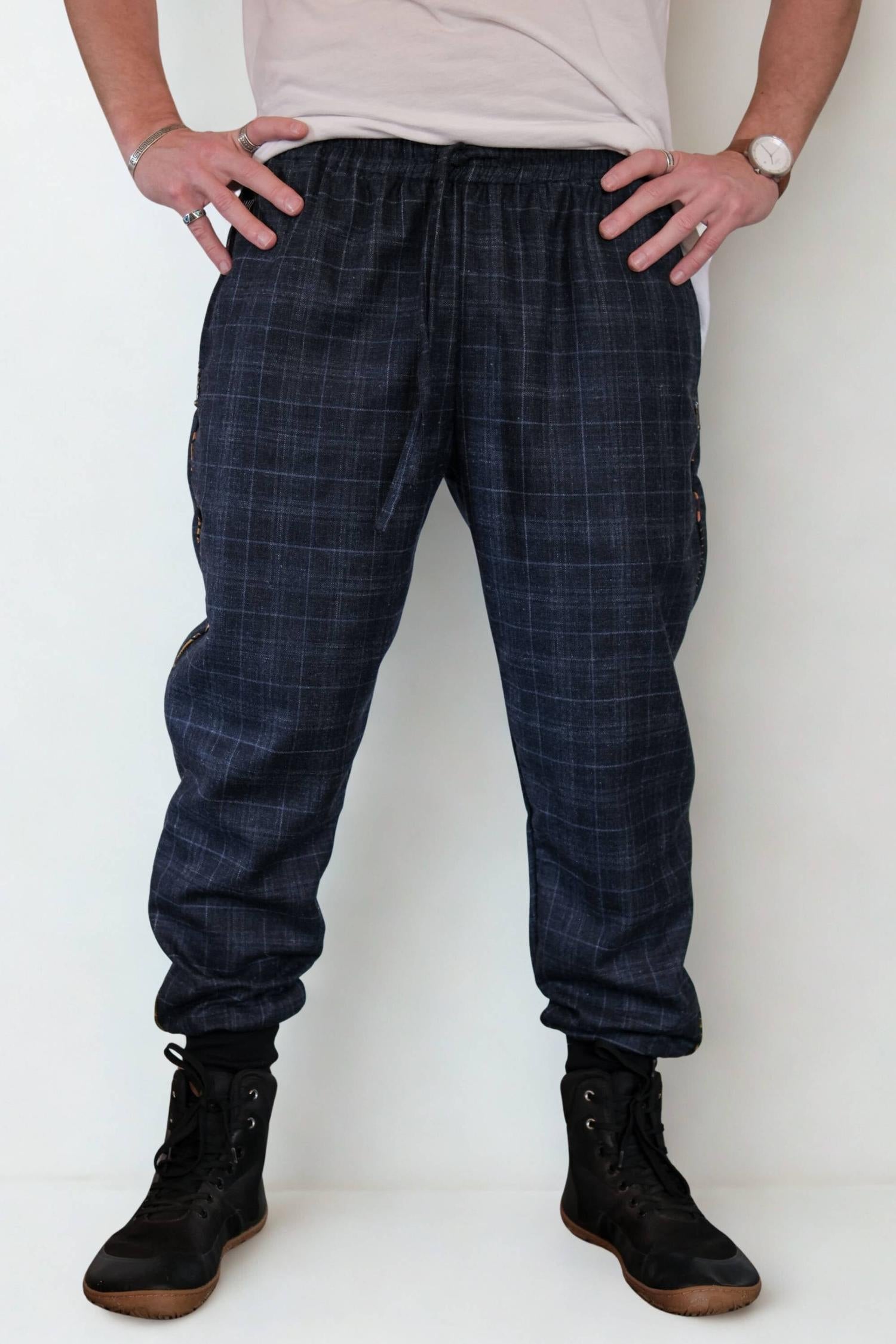 POMO Pants Blue - Relaxed Oriental Chic Wool Cotton Pants