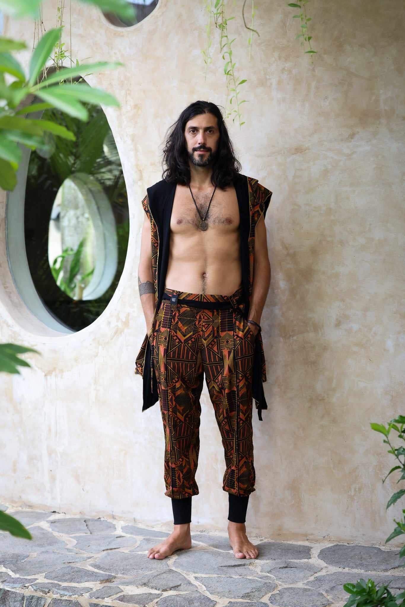 VALO Design Pants QI Prism - High quality drop crotch tencel pants inspired by the 20's ageless style combined with indigenous and sacred symbolism. Extremely comfortable with soft cotton ribbing on the legs.
