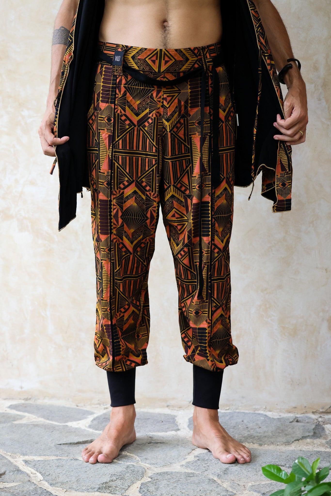 VALO Design Pants QI Prism - High quality drop crotch tencel pants inspired by the 20's ageless style combined with indigenous and sacred symbolism. Extremely comfortable with soft cotton ribbing on the legs.
