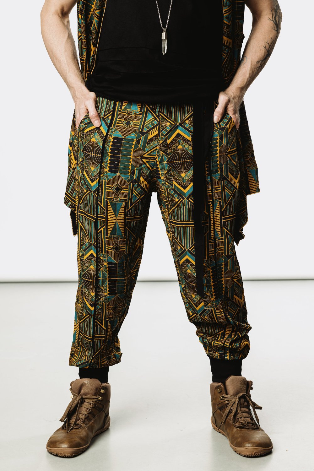 VALO Design Pants QI Prism - High quality drop crotch tencel pants inspired by the 20's ageless style combined with indigenous and sacred symbolism. Extremely comfortable with soft cotton ribbing on the legs.