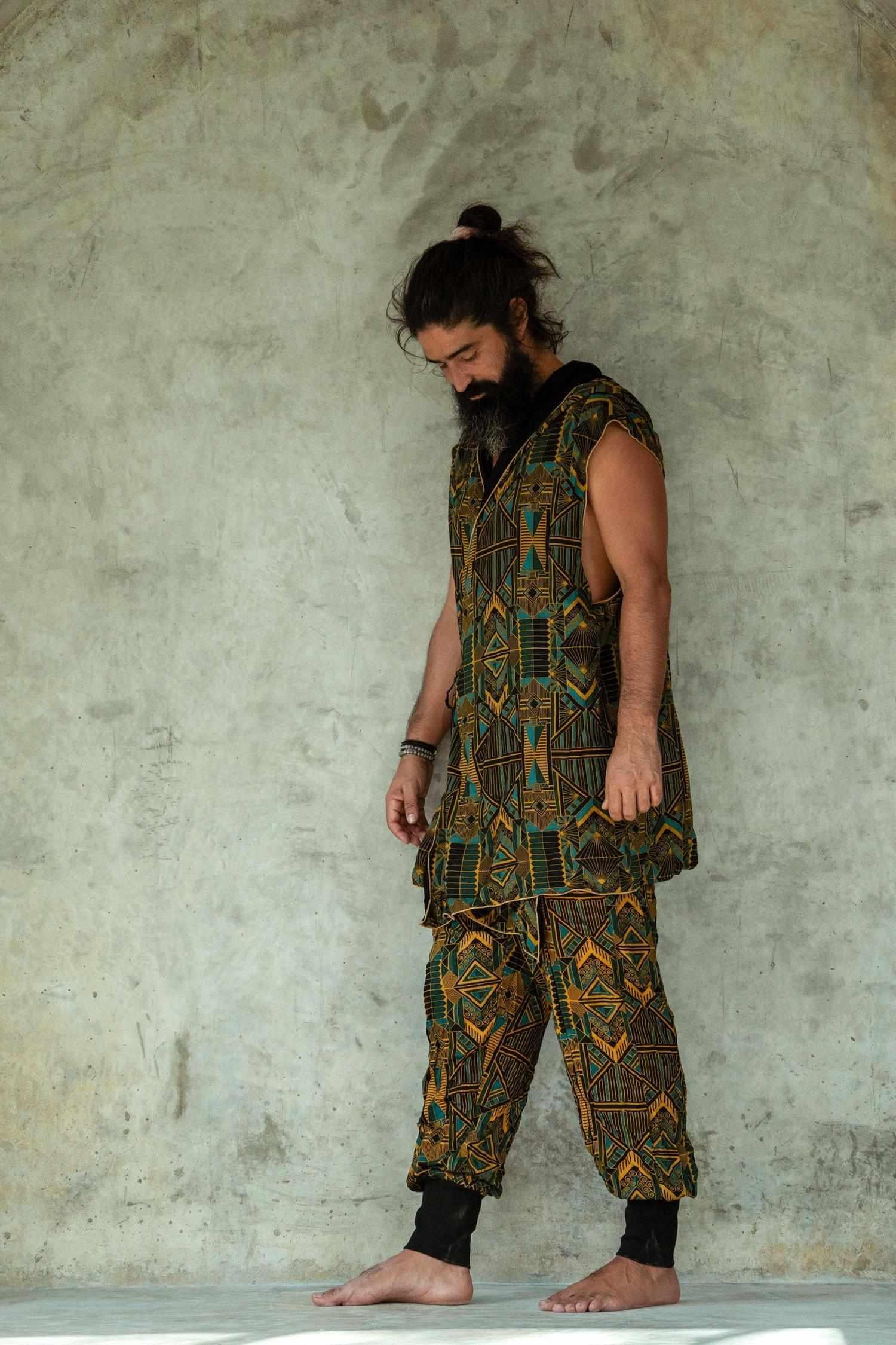 VALO Design Pants QI Prism - High quality drop crotch tencel pants inspired by the 20's ageless style combined with indigenous and sacred symbolism. Extremely comfortable with soft cotton ribbing on the legs.