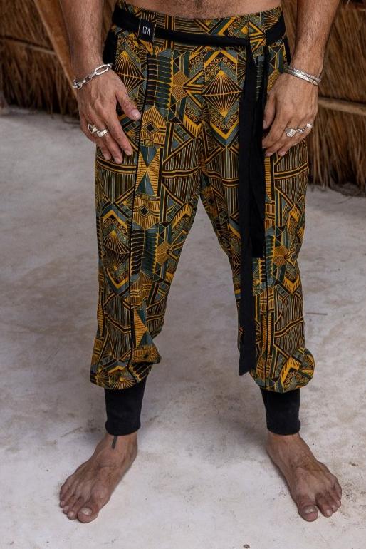VALO Design Pants QI Prism - High quality drop crotch tencel pants inspired by the 20's ageless style combined with indigenous and sacred symbolism. Extremely comfortable with soft cotton ribbing on the legs.