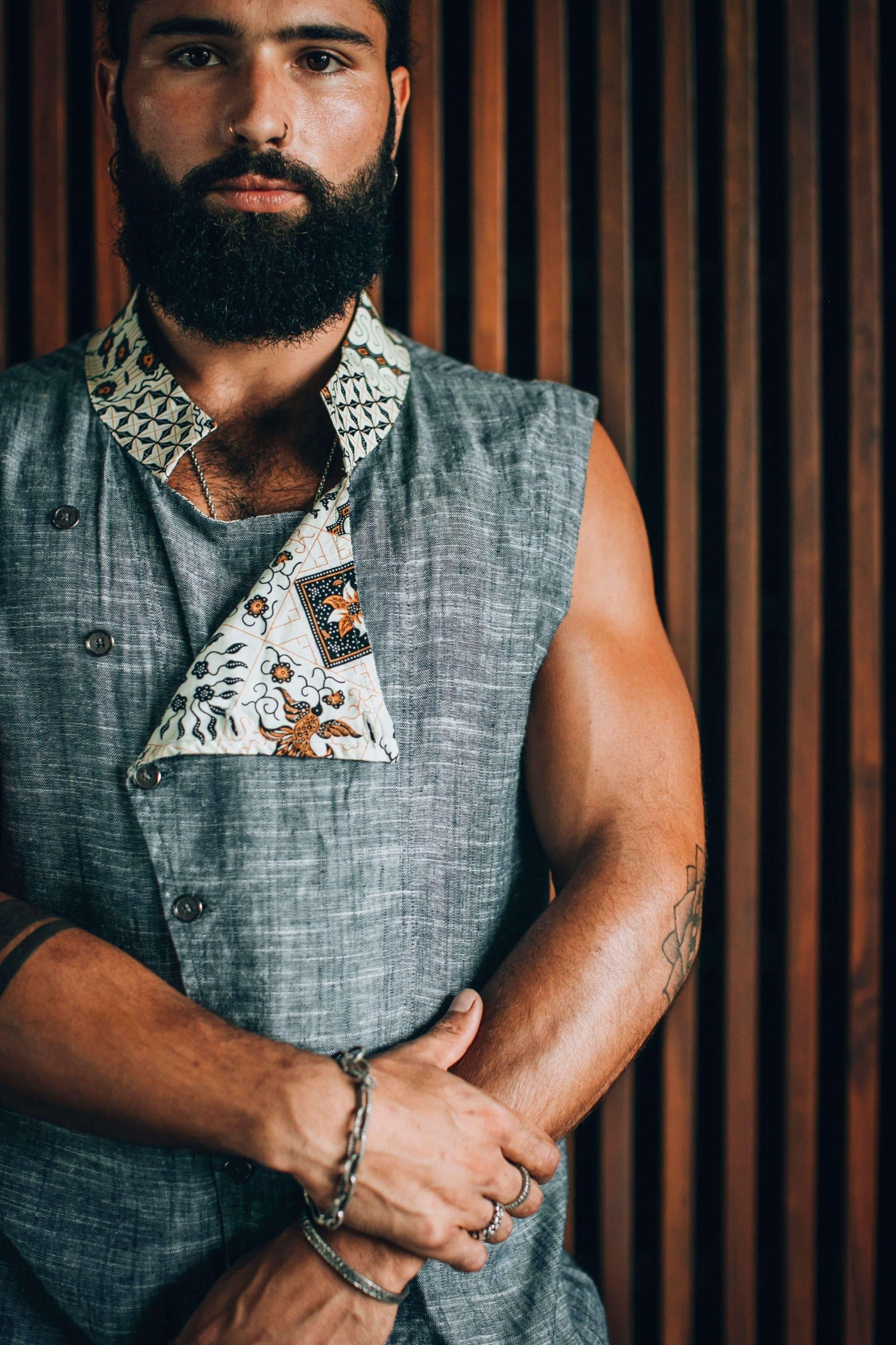 VALO Design Clothing Shirts QI VEST - Asymmetric cut linen cotton vest with metal buttons and Bali batik details