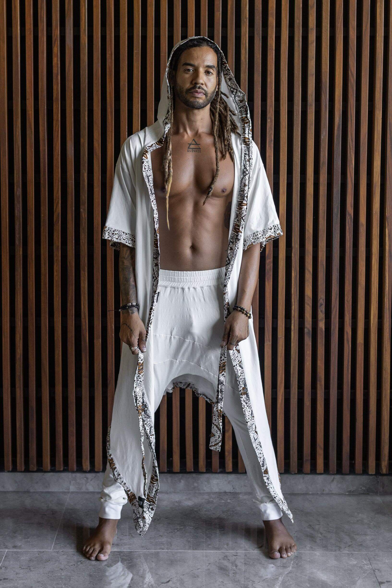 SHITAGI White - Unique hooded bamboo kimono with tribal details - VALO Design Clothing